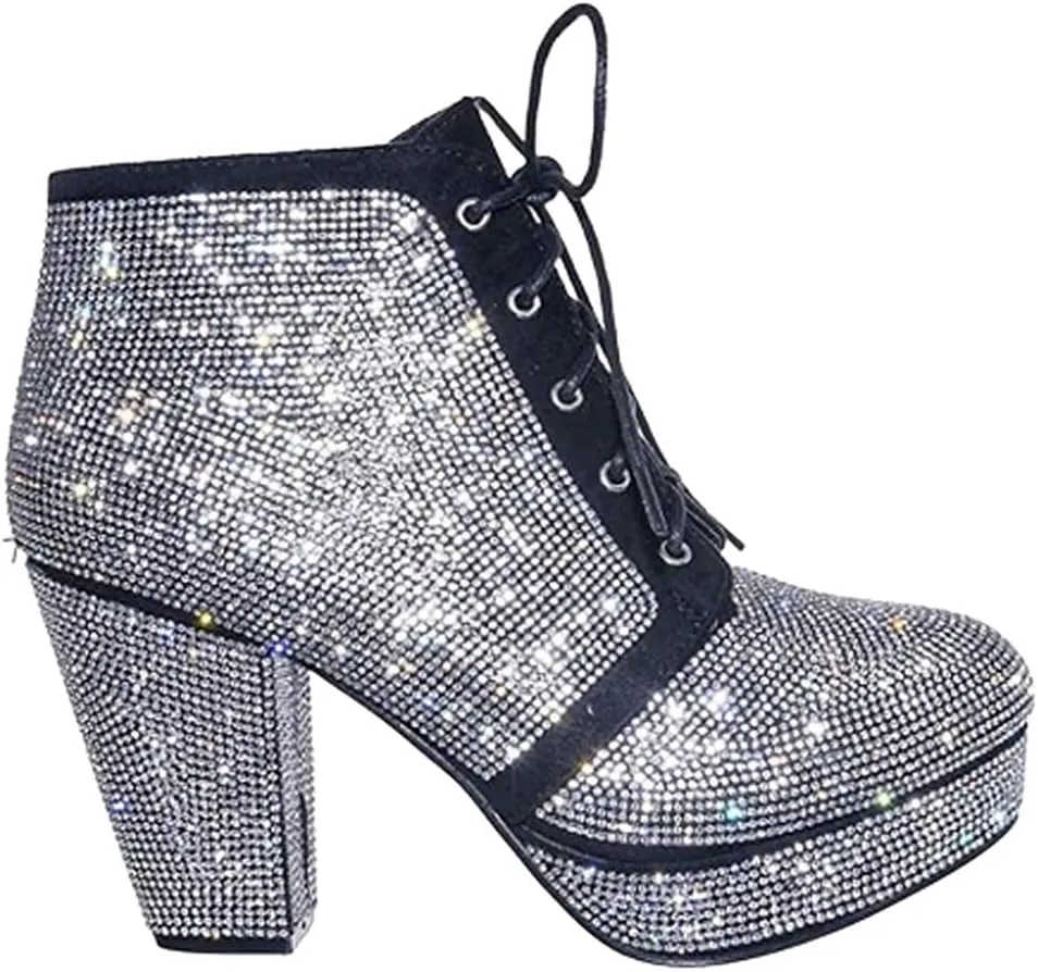 Forever Women Rhinestone Shiny Block Chunky Heel Ankle Booties