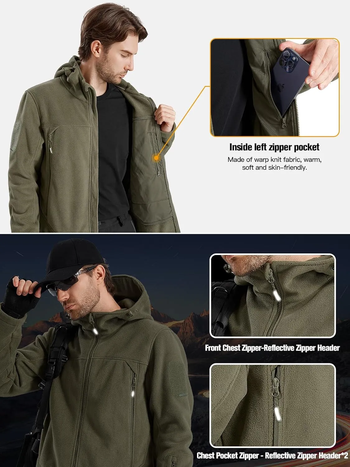 FREE SOLDIER Men's Fleece Jackets Full Zip Casual Outdoor Military Tactical Hoodie Jacket Windproof Warm Winter Coats