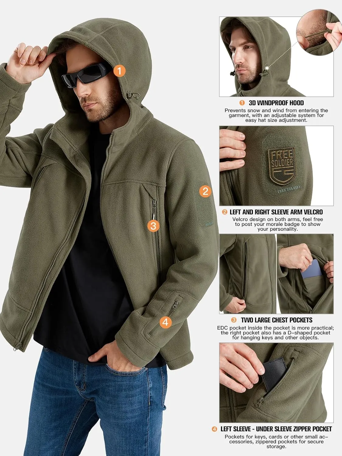 FREE SOLDIER Men's Fleece Jackets Full Zip Casual Outdoor Military Tactical Hoodie Jacket Windproof Warm Winter Coats