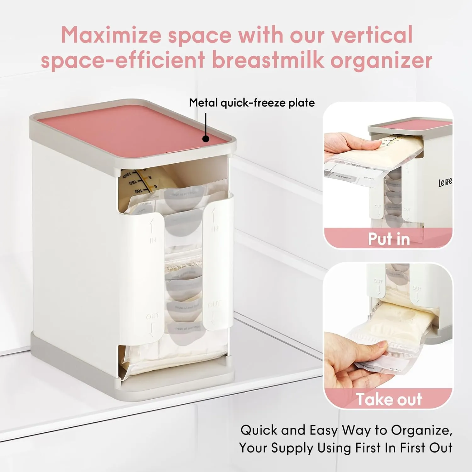 Freeze Organizer for Breast Milk Storage Bags, Container Storing First-in First-Out System with Tray for Freezing Breastmilk to Feed Baby (Pink)