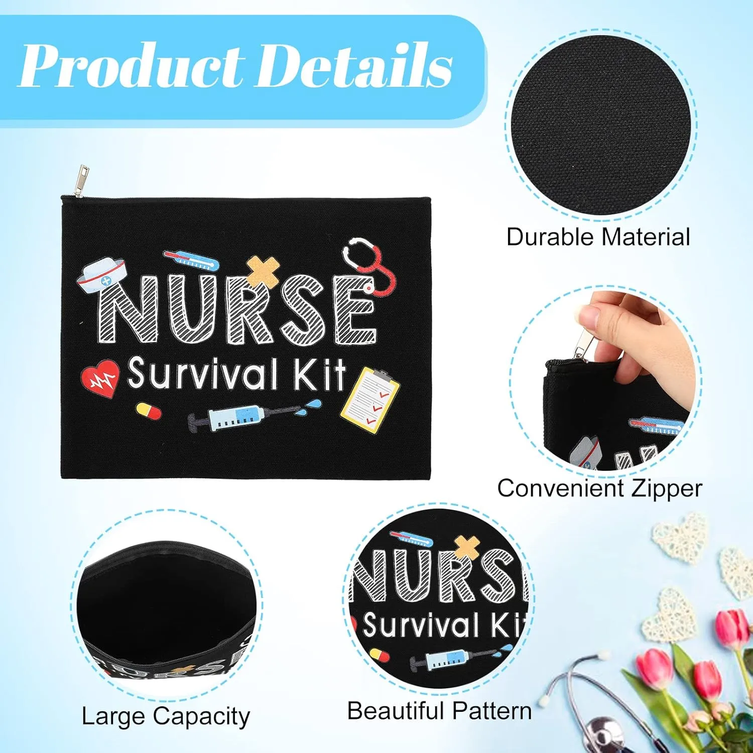 Frienda 8 Pcs Nurse Makeup Bags Nurse Survival Kit Appreciation Gifts Cosmetic Bag with Zipper Toiletry Funny Travel Practitioner Gifts for Women Supplies (Black)(Black,Nurse Survival Kit)