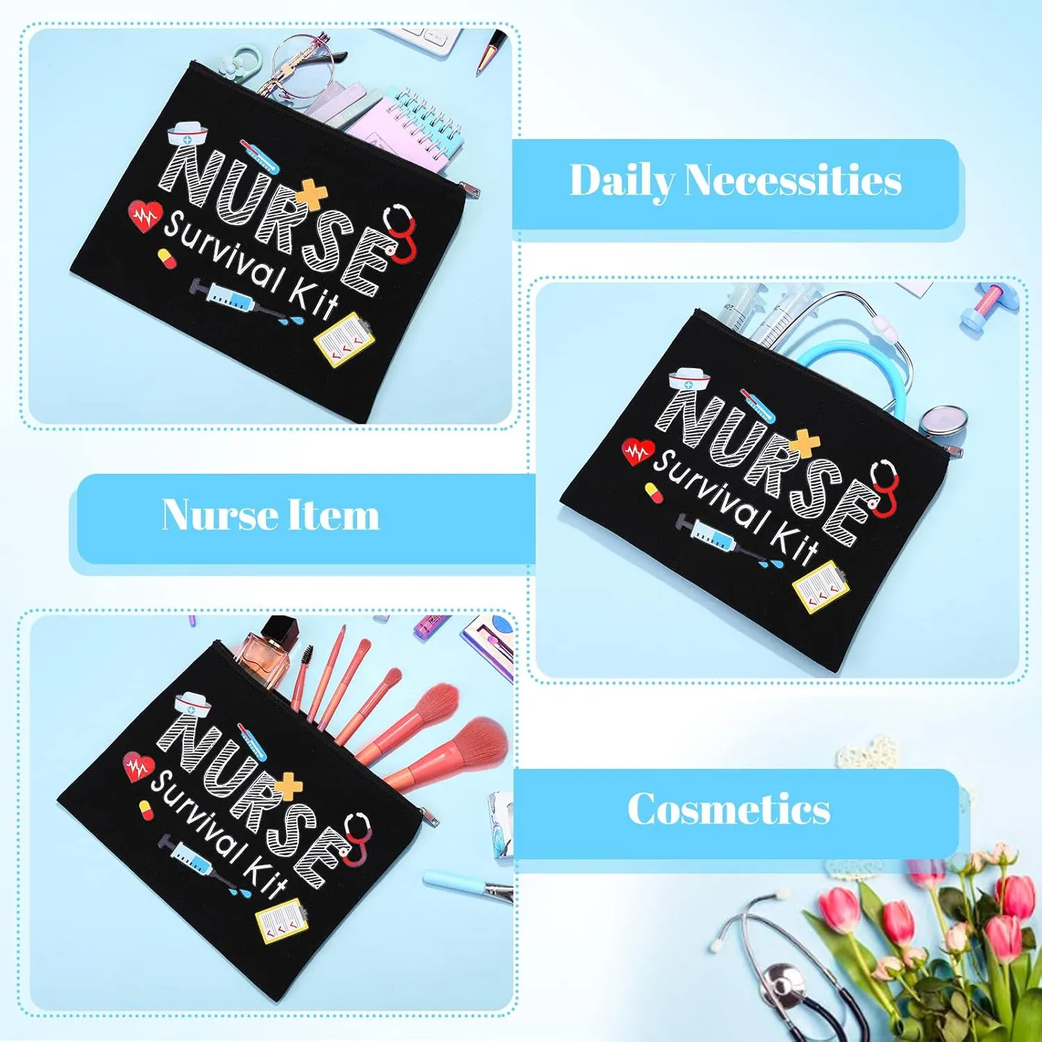 Frienda 8 Pcs Nurse Makeup Bags Nurse Survival Kit Appreciation Gifts Cosmetic Bag with Zipper Toiletry Funny Travel Practitioner Gifts for Women Supplies (Black)(Black,Nurse Survival Kit)