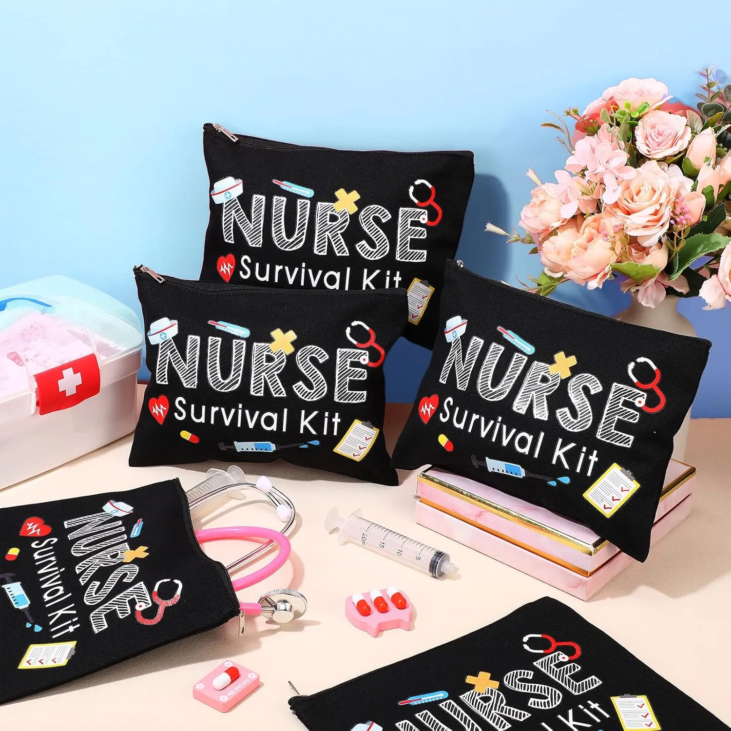 Frienda 8 Pcs Nurse Makeup Bags Nurse Survival Kit Appreciation Gifts Cosmetic Bag with Zipper Toiletry Funny Travel Practitioner Gifts for Women Supplies (Black)(Black,Nurse Survival Kit)