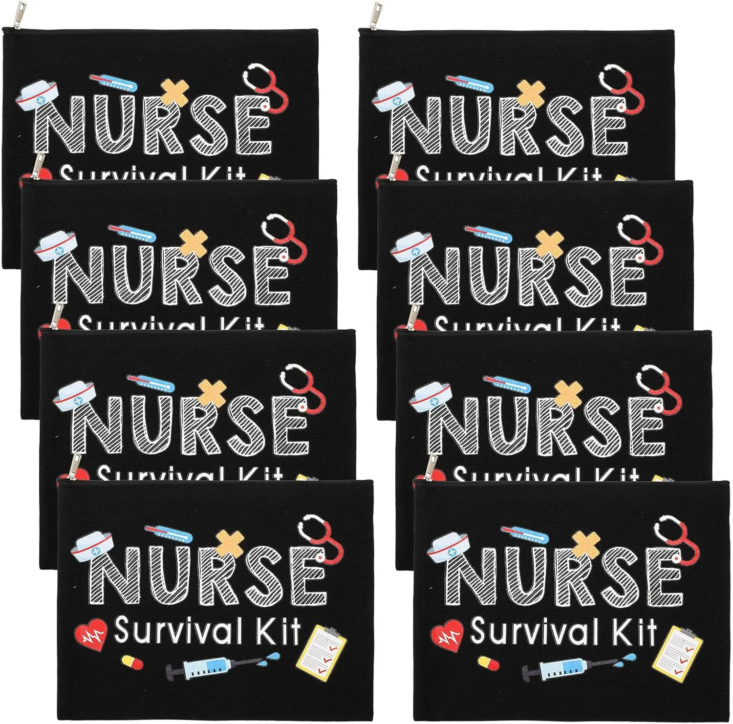 Frienda 8 Pcs Nurse Makeup Bags Nurse Survival Kit Appreciation Gifts Cosmetic Bag with Zipper Toiletry Funny Travel Practitioner Gifts for Women Supplies (Black)(Black,Nurse Survival Kit)
