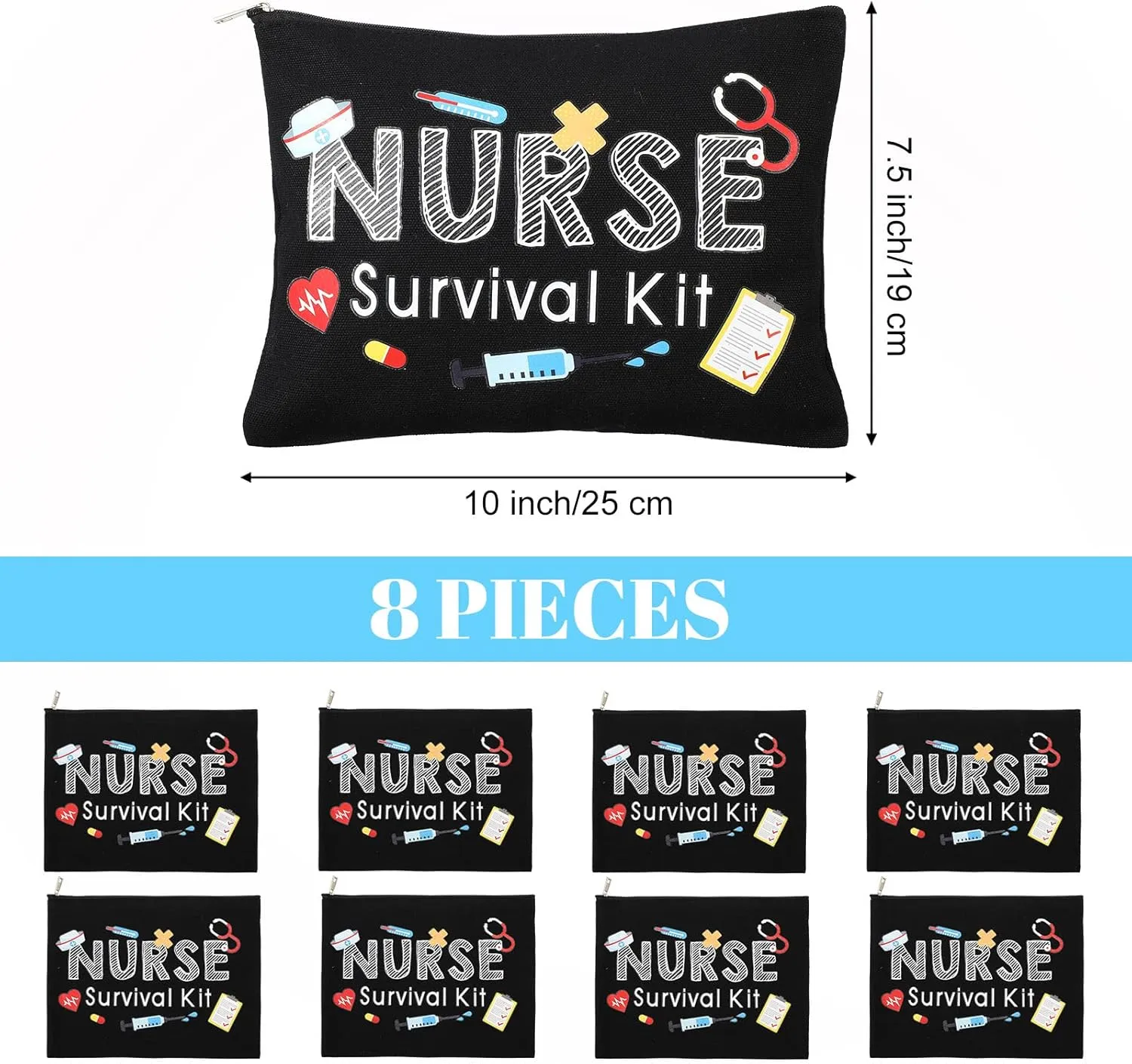 Frienda 8 Pcs Nurse Makeup Bags Nurse Survival Kit Appreciation Gifts Cosmetic Bag with Zipper Toiletry Funny Travel Practitioner Gifts for Women Supplies (Black)(Black,Nurse Survival Kit)