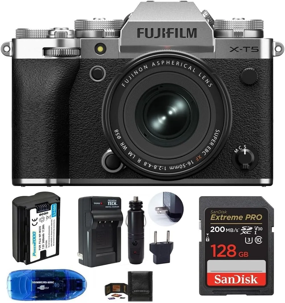 Fujifilm X-T5 Mirrorless Digital Camera with XF 16-50mm f/2.8-4 R LM OIS Lens (Silver) Bundle, Includes: SanDisk 128GB Extreme PRO SDXC Memory Card, Spare Battery   More (6 Items)