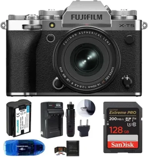 Fujifilm X-T5 Mirrorless Digital Camera with XF 16-50mm f/2.8-4 R LM OIS Lens (Silver) Bundle, Includes: SanDisk 128GB Extreme PRO SDXC Memory Card, Spare Battery   More (6 Items)