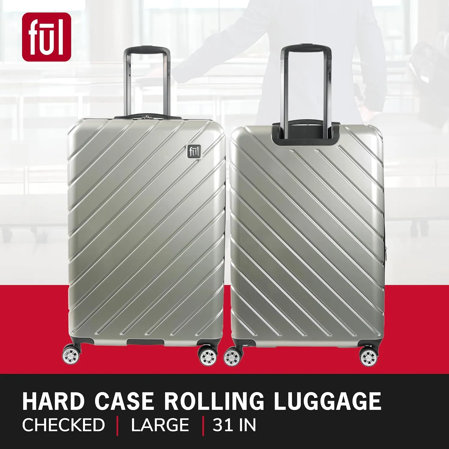 FUL Velocity Rolling Luggage, Hardshell Suitcase with Spinner Wheels, Silver, 31 Inch