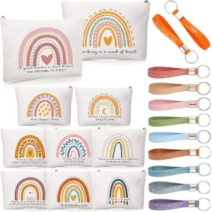 Fumete 40 Pcs Teacher Appreciation Gift Inspirational Rainbow Makeup Bag Rainbow Silicone Keychains Bulk Quotes Zipper Canvas Cosmetic Bag End of the Year Gifts for Teacher Graduation