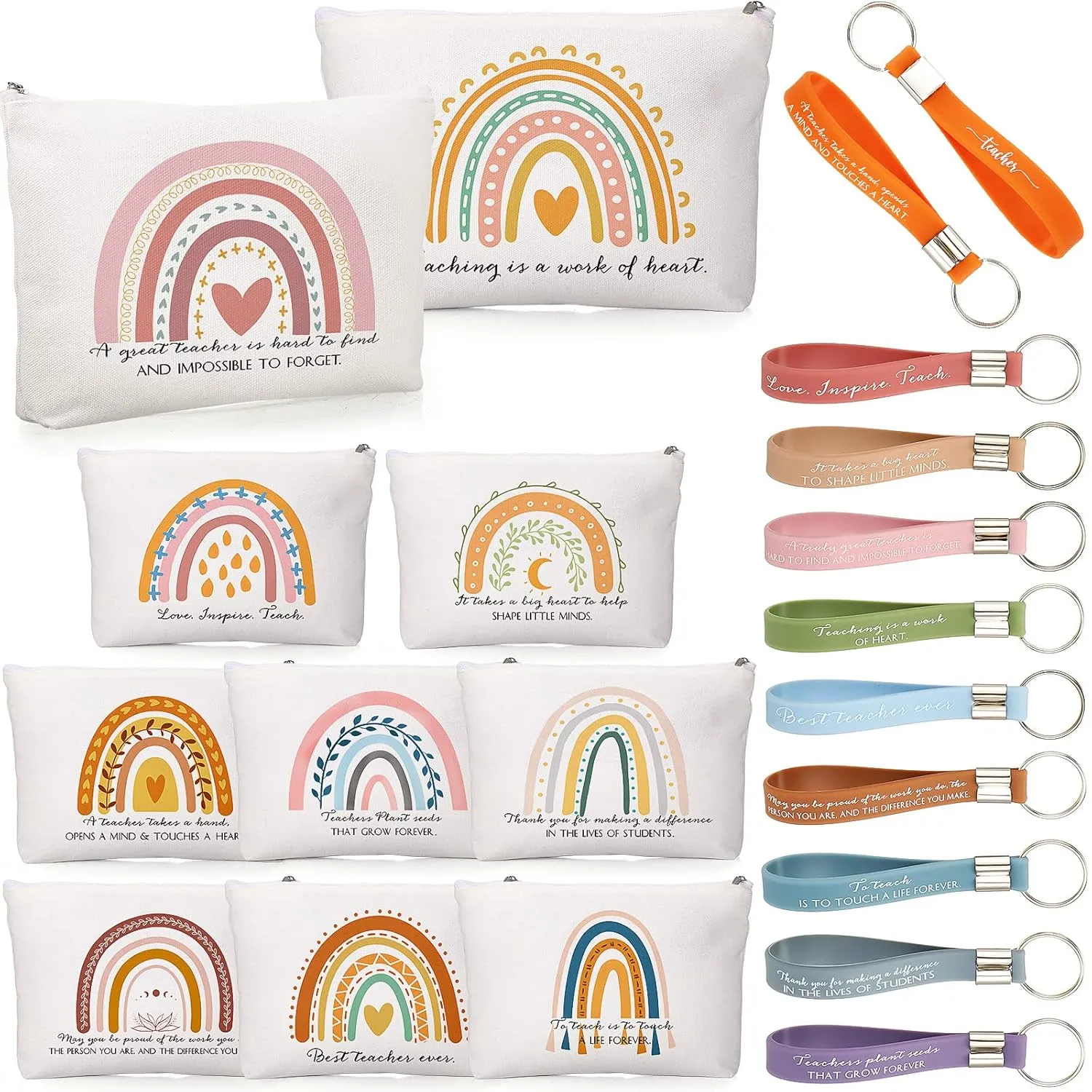 Fumete 40 Pcs Teacher Appreciation Gift Inspirational Rainbow Makeup Bag Rainbow Silicone Keychains Bulk Quotes Zipper Canvas Cosmetic Bag End of the Year Gifts for Teacher Graduation