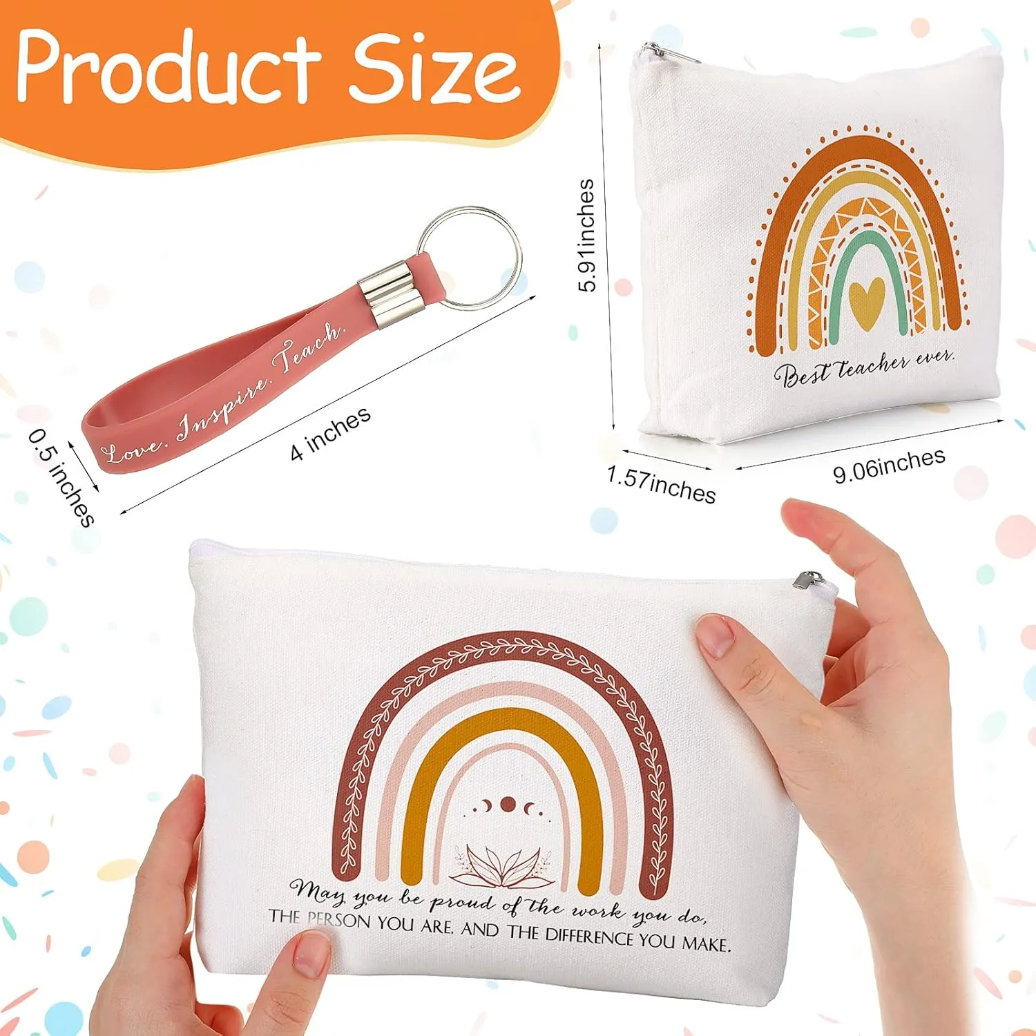 Fumete 40 Pcs Teacher Appreciation Gift Inspirational Rainbow Makeup Bag Rainbow Silicone Keychains Bulk Quotes Zipper Canvas Cosmetic Bag End of the Year Gifts for Teacher Graduation