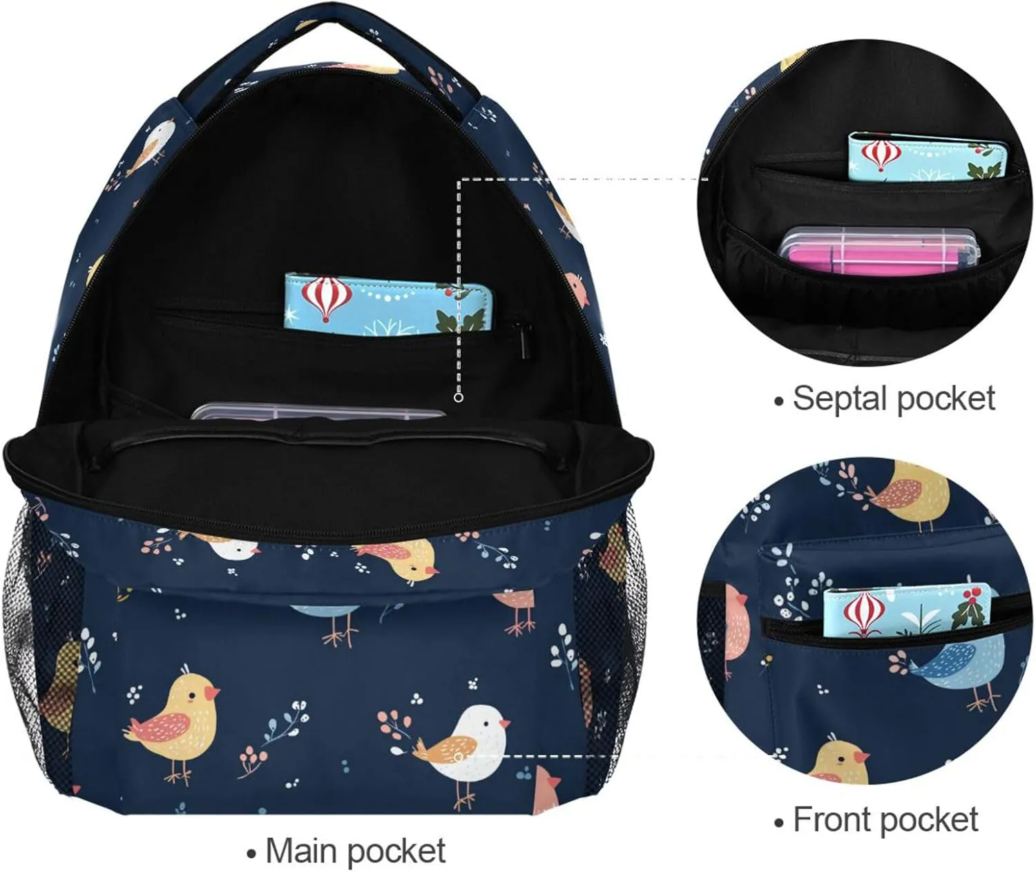 Fun Backpack for Women Men Waterproof Outdoor Backpack with Chest Strap for Business Work College Travel Trip Cartoon Cute Bird Navy Blue