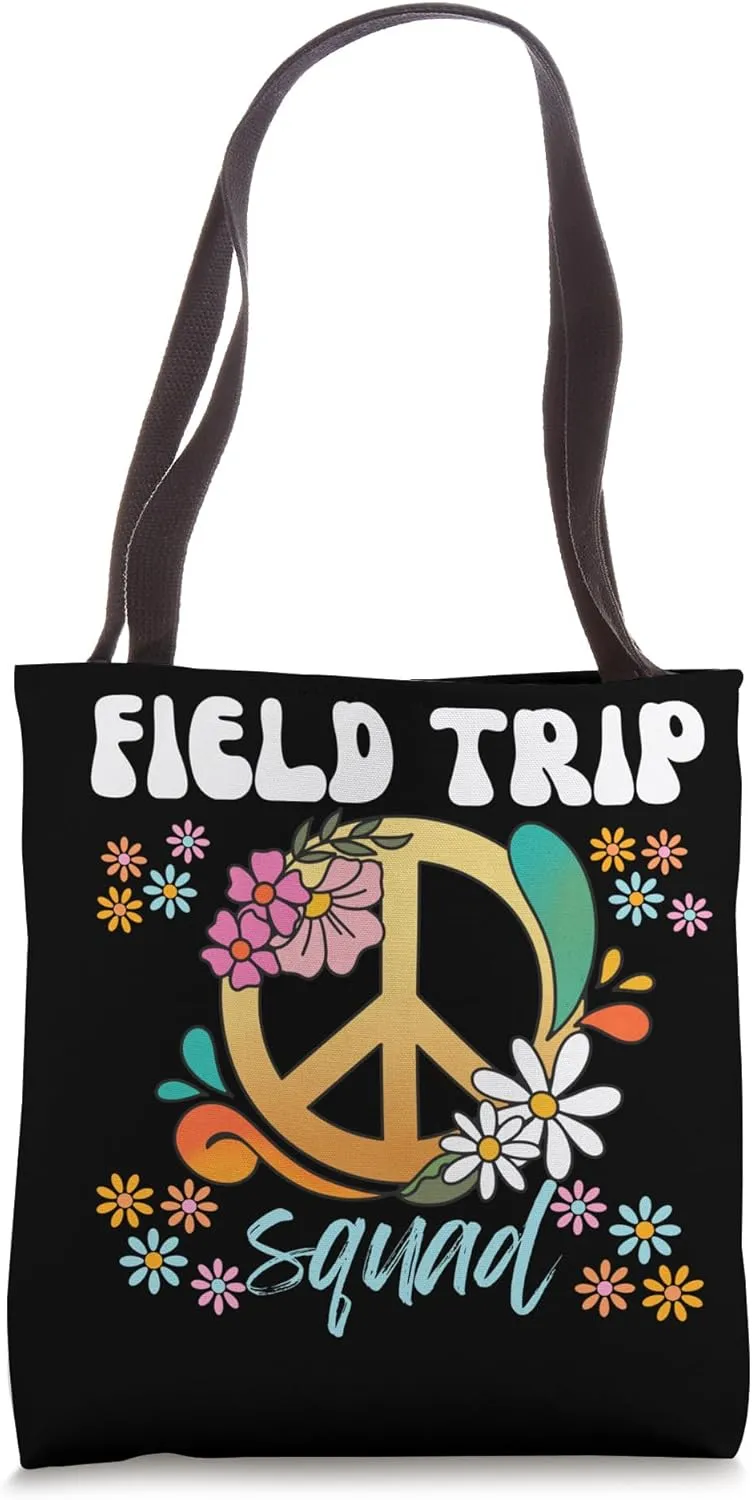 Fun Retro Field Trip Squad Peace Hippie Flowers Faculty Tote Bag