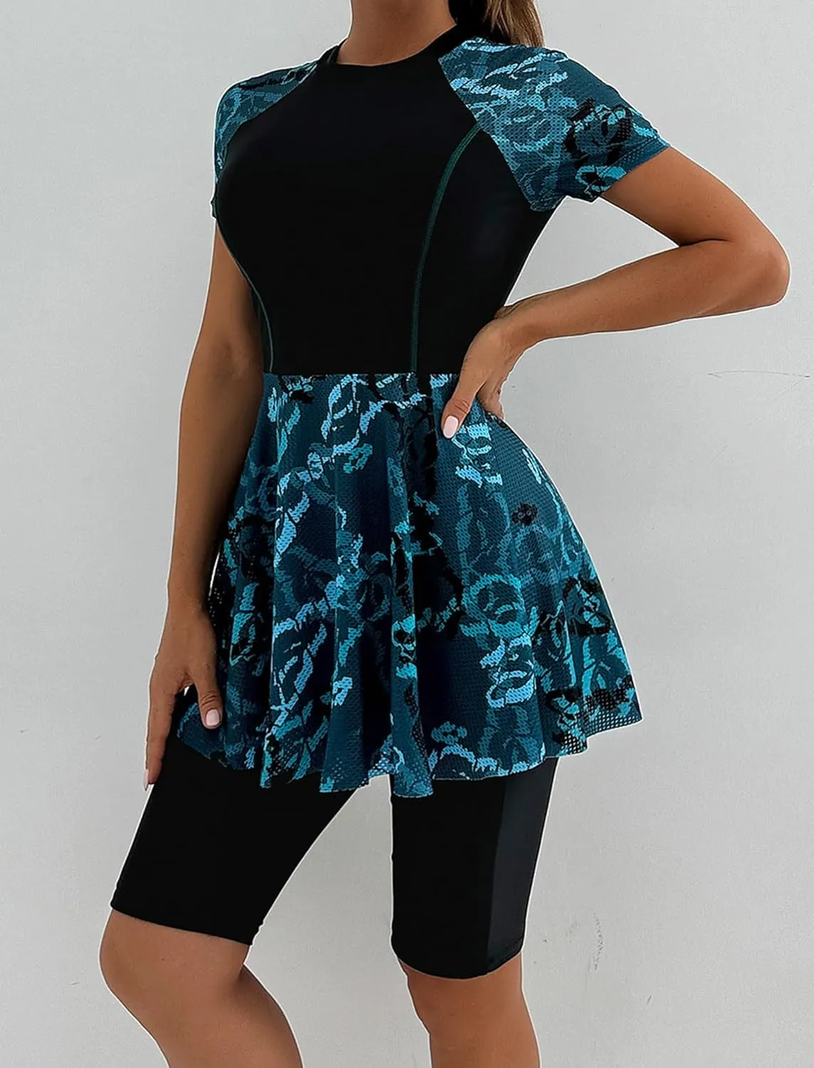 FYMNSI Women Split Two-Piece Swimsuit Breathable Mesh Short Sleeve Floral Print Swim Dress with Boyshorts Modest Bathing Suit