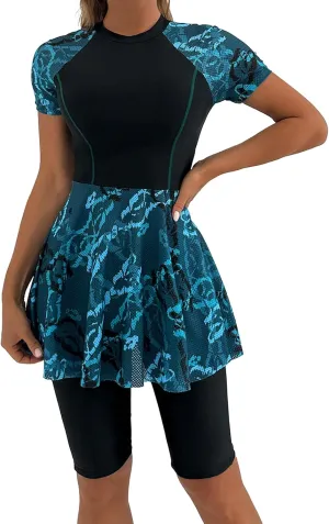 FYMNSI Women Split Two-Piece Swimsuit Breathable Mesh Short Sleeve Floral Print Swim Dress with Boyshorts Modest Bathing Suit