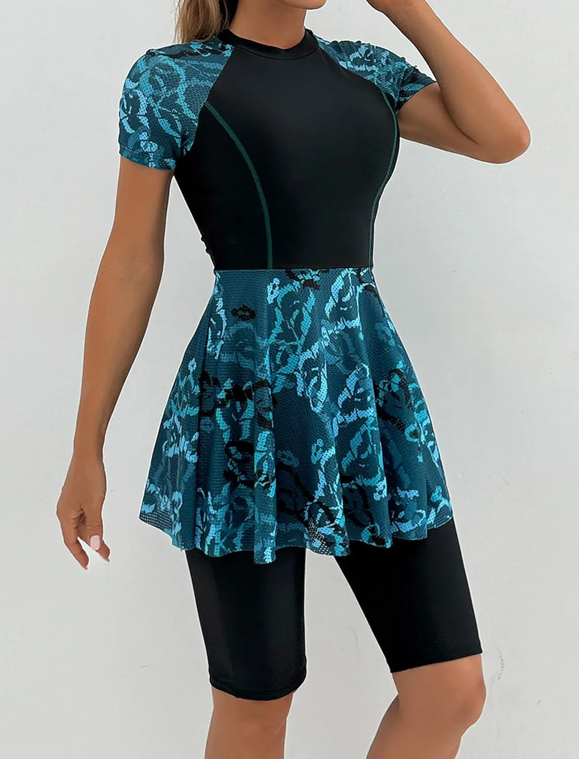 FYMNSI Women Split Two-Piece Swimsuit Breathable Mesh Short Sleeve Floral Print Swim Dress with Boyshorts Modest Bathing Suit