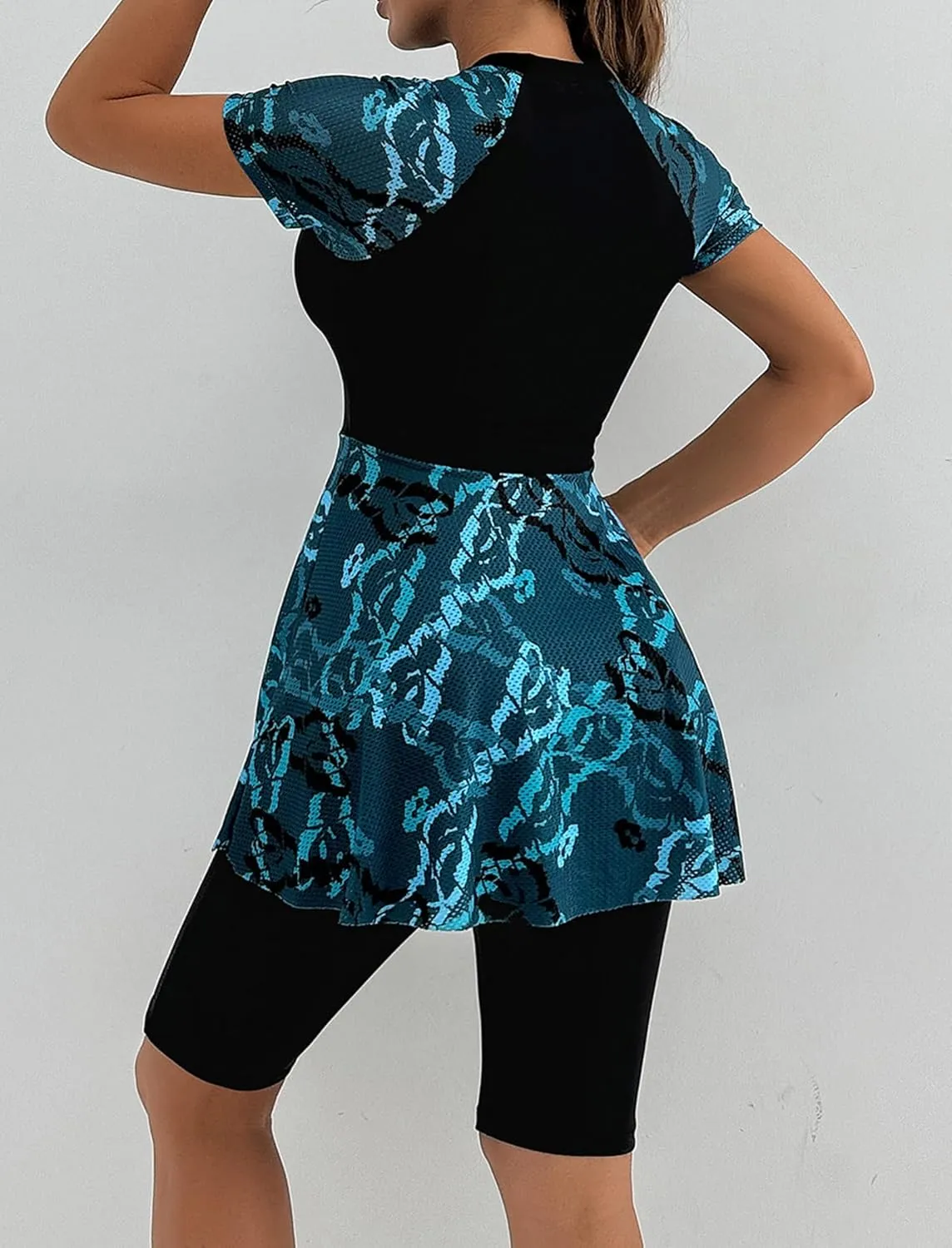 FYMNSI Women Split Two-Piece Swimsuit Breathable Mesh Short Sleeve Floral Print Swim Dress with Boyshorts Modest Bathing Suit
