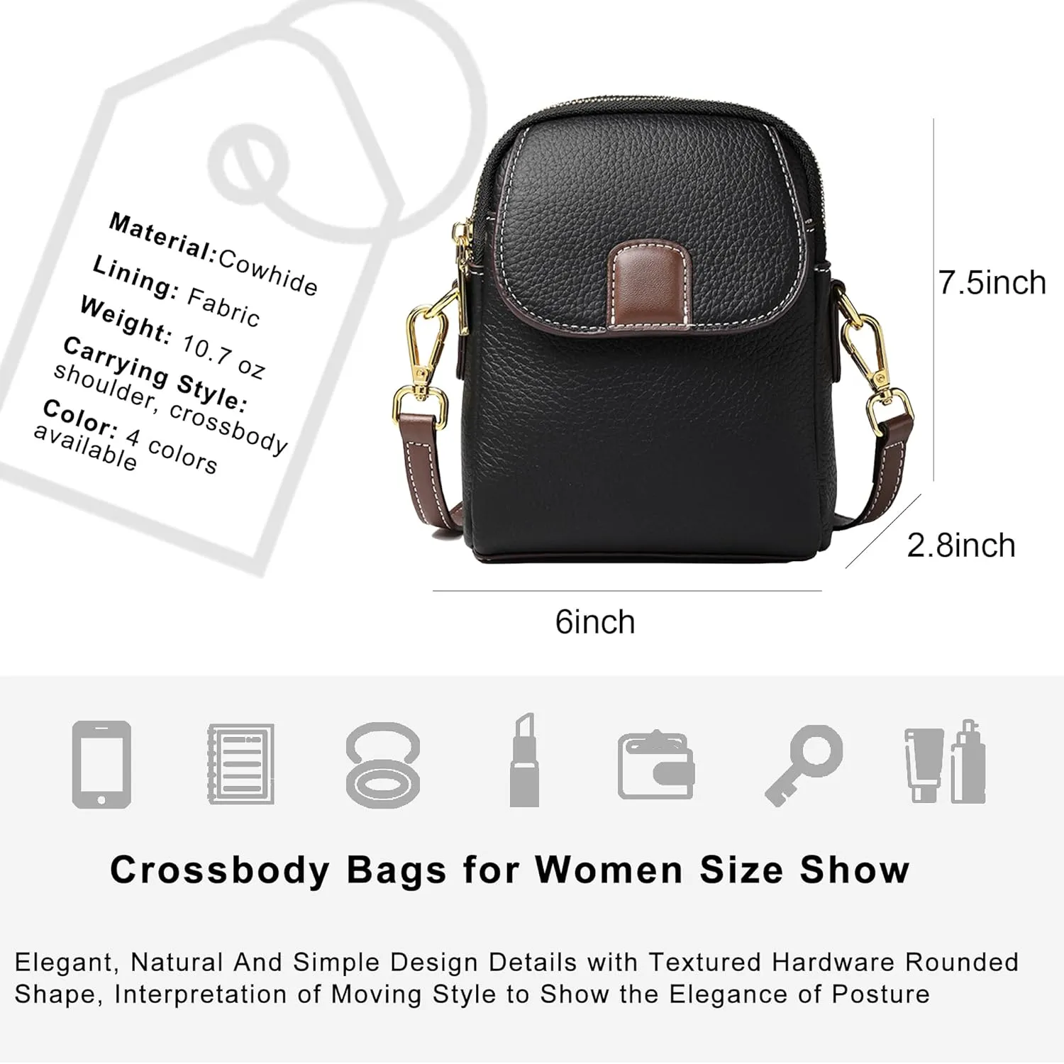 Genuine Leather Ladies Crossbody Bag, Small Multi-Compartment Shoulder Bag with Adjustable Shoulder Strap