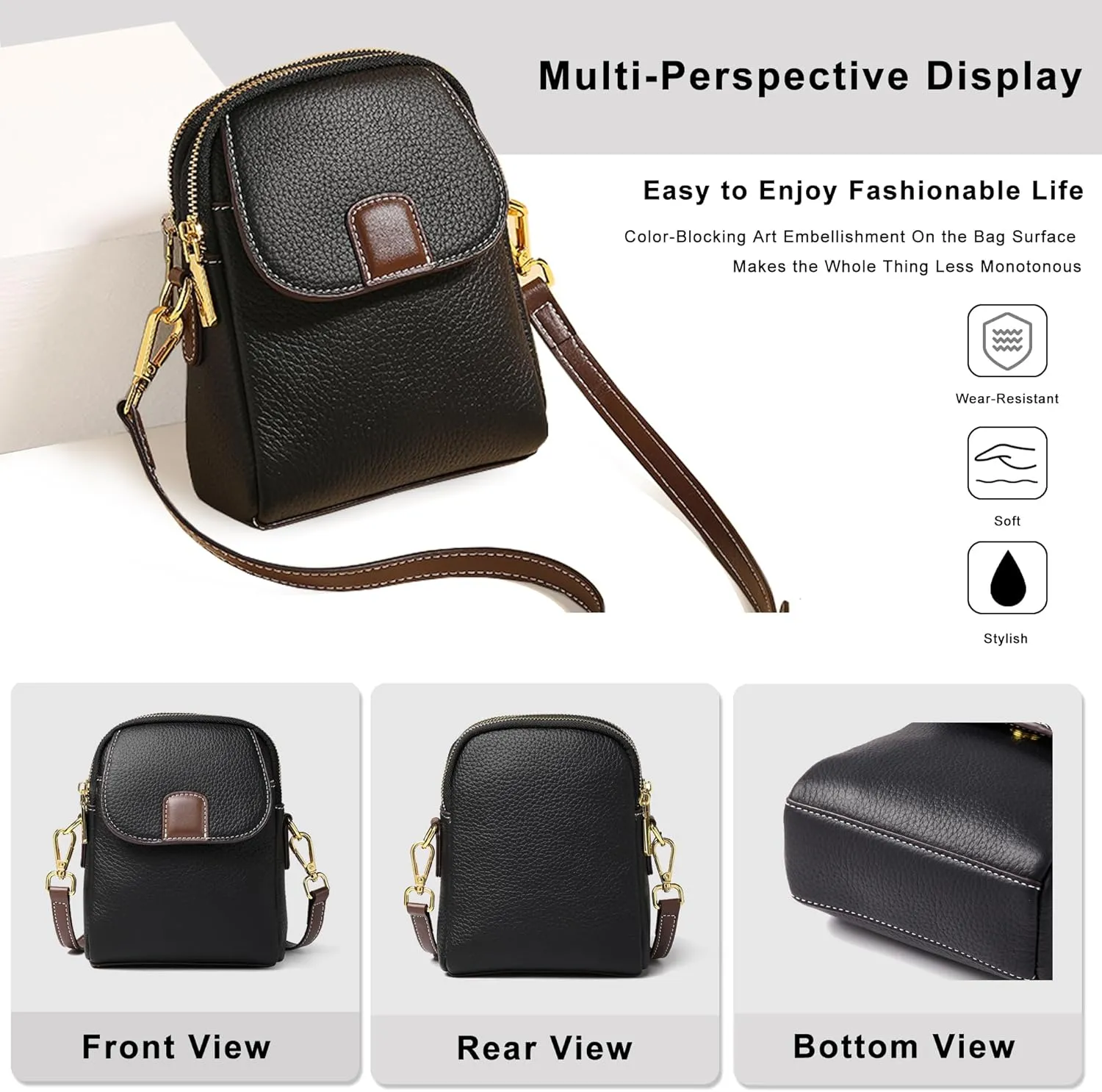 Genuine Leather Ladies Crossbody Bag, Small Multi-Compartment Shoulder Bag with Adjustable Shoulder Strap