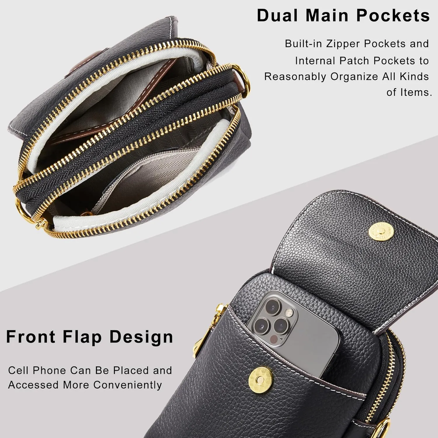 Genuine Leather Ladies Crossbody Bag, Small Multi-Compartment Shoulder Bag with Adjustable Shoulder Strap