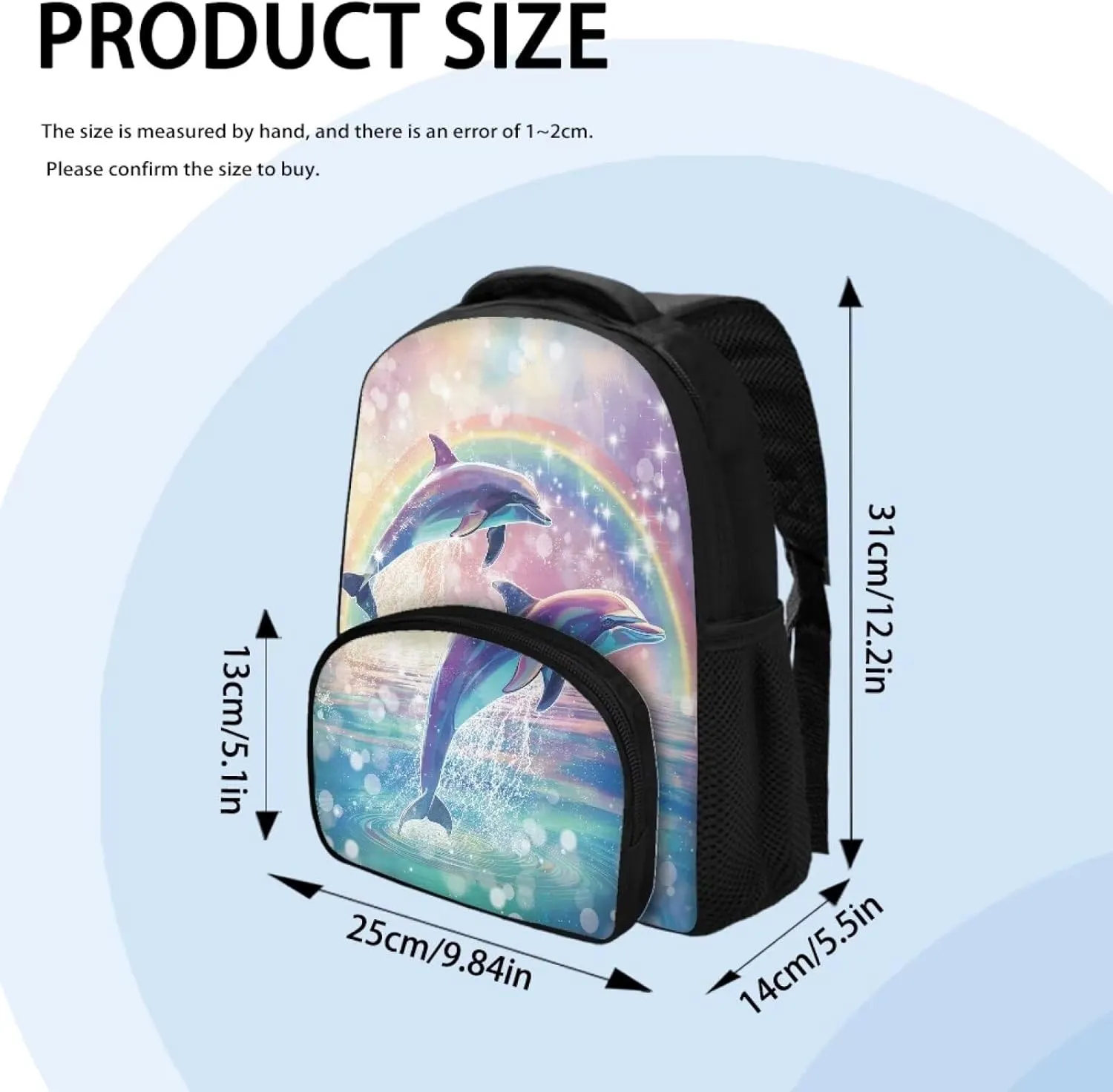 Girls Backpack with Front Pocket Aesthetic Dolphin Rainbow Backpack for Teen Girls 12 Inch Fun Backpack with Zip Pocket Fashion School Bag for Kindergarten Elementary School Students