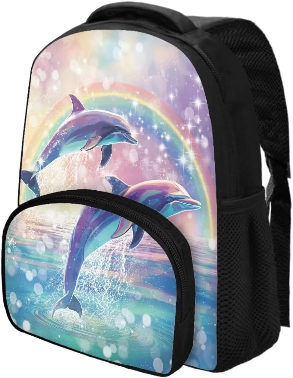 Girls Backpack with Front Pocket Aesthetic Dolphin Rainbow Backpack for Teen Girls 12 Inch Fun Backpack with Zip Pocket Fashion School Bag for Kindergarten Elementary School Students