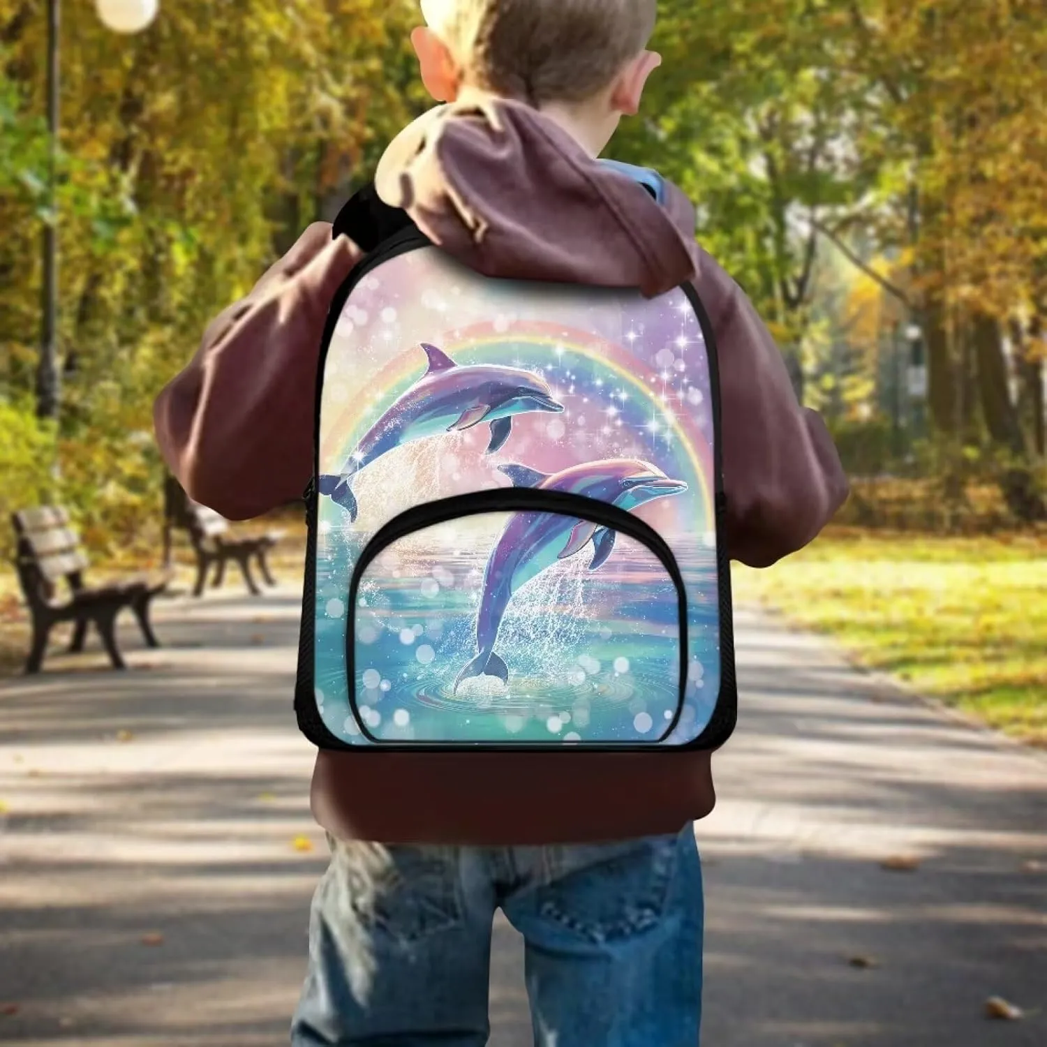 Girls Backpack with Front Pocket Aesthetic Dolphin Rainbow Backpack for Teen Girls 12 Inch Fun Backpack with Zip Pocket Fashion School Bag for Kindergarten Elementary School Students