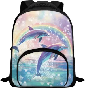 Girls Backpack with Front Pocket Aesthetic Dolphin Rainbow Backpack for Teen Girls 12 Inch Fun Backpack with Zip Pocket Fashion School Bag for Kindergarten Elementary School Students