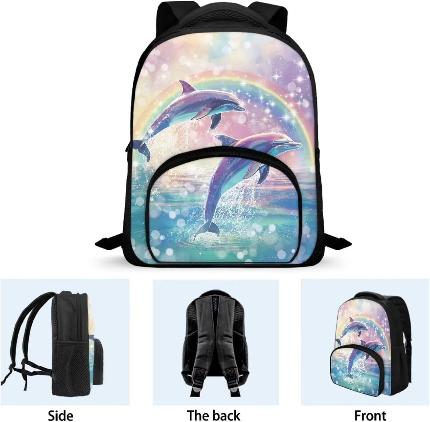 Girls Backpack with Front Pocket Aesthetic Dolphin Rainbow Backpack for Teen Girls 12 Inch Fun Backpack with Zip Pocket Fashion School Bag for Kindergarten Elementary School Students