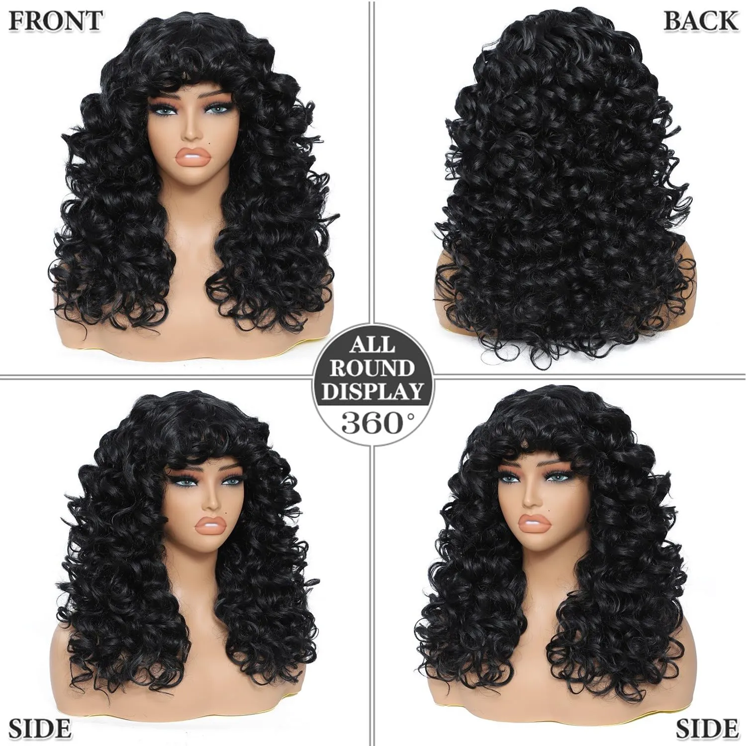 GKtineke-Curly-Wig Big-Curly-Wigs-for-White-Black-Women 20 Inch- Long-Curly-Afro-Wig-with-Bangs Synthetic-Hair-Replacement-Wigs-for- Cosplay and Daily (Natural Black)
