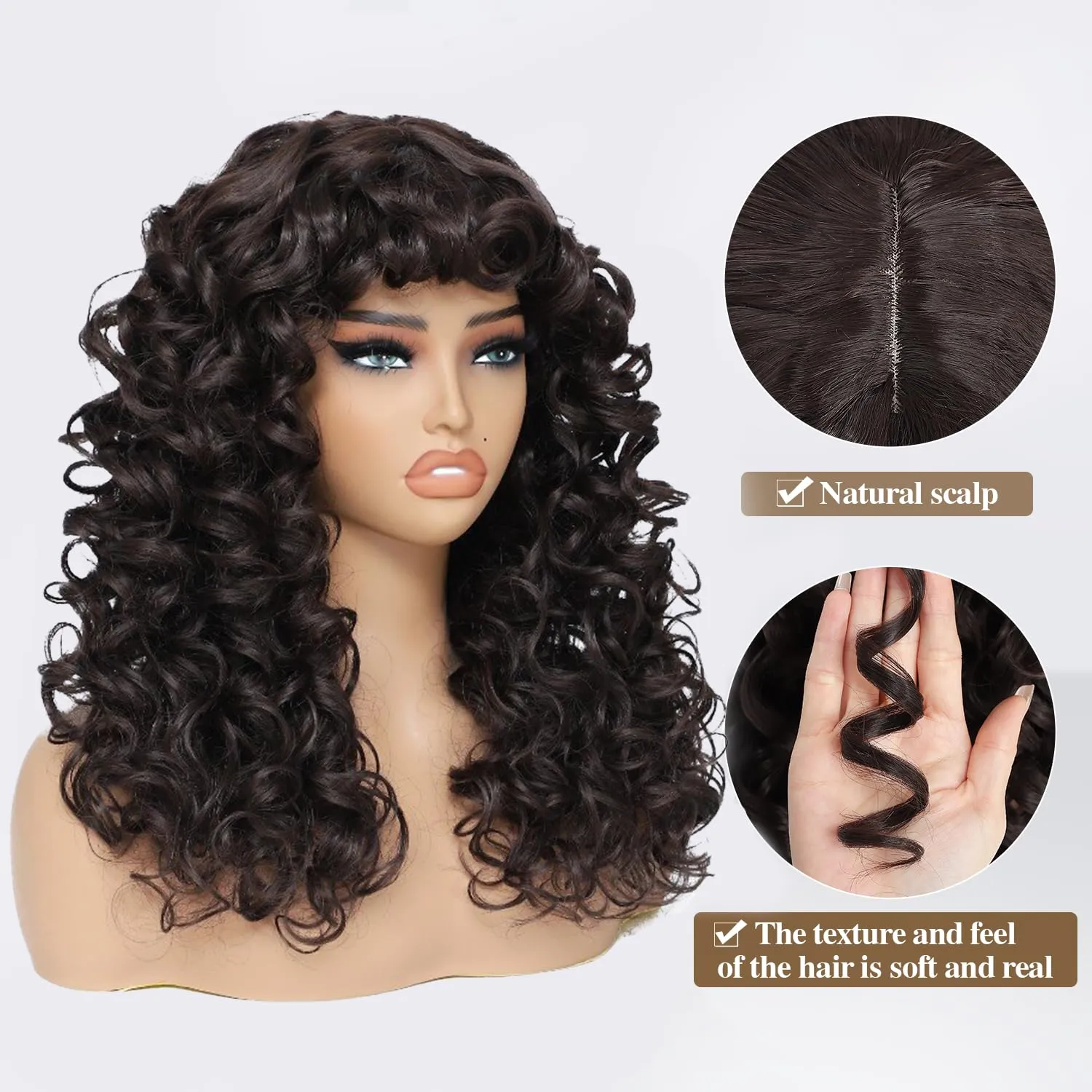 GKtineke-Curly-Wig Big-Curly-Wigs-for-White-Black-Women 20 Inch- Long-Curly-Afro-Wig-with-Bangs Synthetic-Hair-Replacement-Wigs-for- Cosplay and Daily (Natural Black)