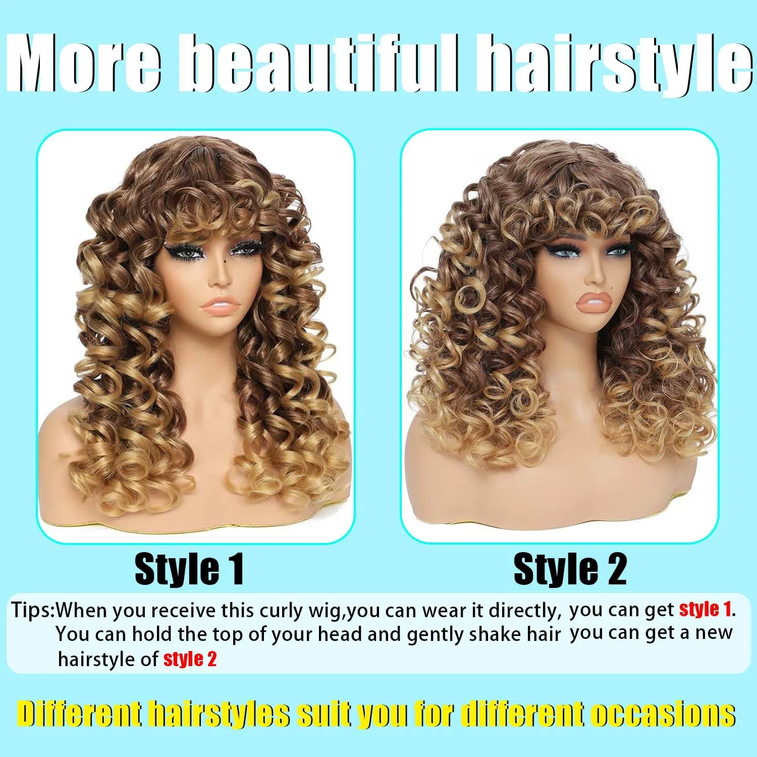 GKtineke-Curly-Wig Big-Curly-Wigs-for-White-Black-Women 20 Inch- Long-Curly-Afro-Wig-with-Bangs Synthetic-Hair-Replacement-Wigs-for-Cosplay and Daily(Ombre Blonde