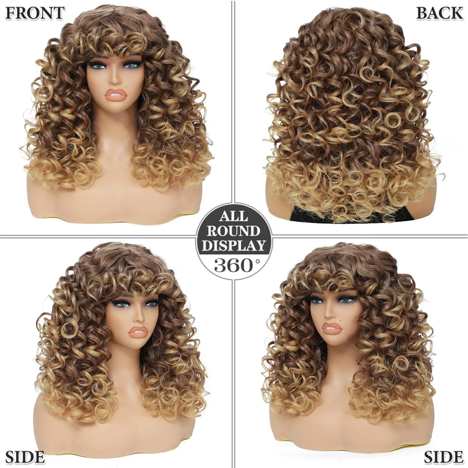 GKtineke-Curly-Wig Big-Curly-Wigs-for-White-Black-Women 20 Inch- Long-Curly-Afro-Wig-with-Bangs Synthetic-Hair-Replacement-Wigs-for-Cosplay and Daily(Ombre Blonde