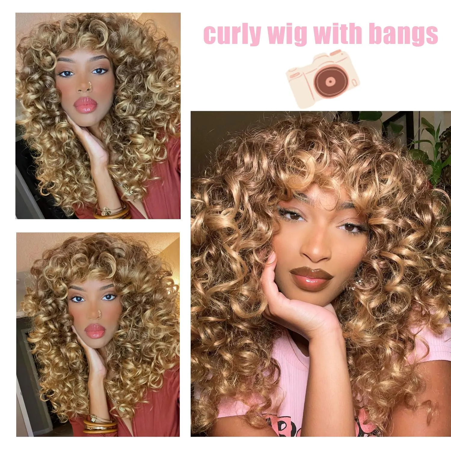 GKtineke-Curly-Wig Big-Curly-Wigs-for-White-Black-Women 20 Inch- Long-Curly-Afro-Wig-with-Bangs Synthetic-Hair-Replacement-Wigs-for-Cosplay and Daily(Ombre Blonde