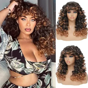 GKtineke-Curly-Wig Big-Curly-Wigs-for-White-Black-Women 20 Inch- Long-Curly-Afro-Wig-with-Bangs Synthetic-Hair-Replacement-Wigs-for- Cosplay and Daily(Ombre Brown