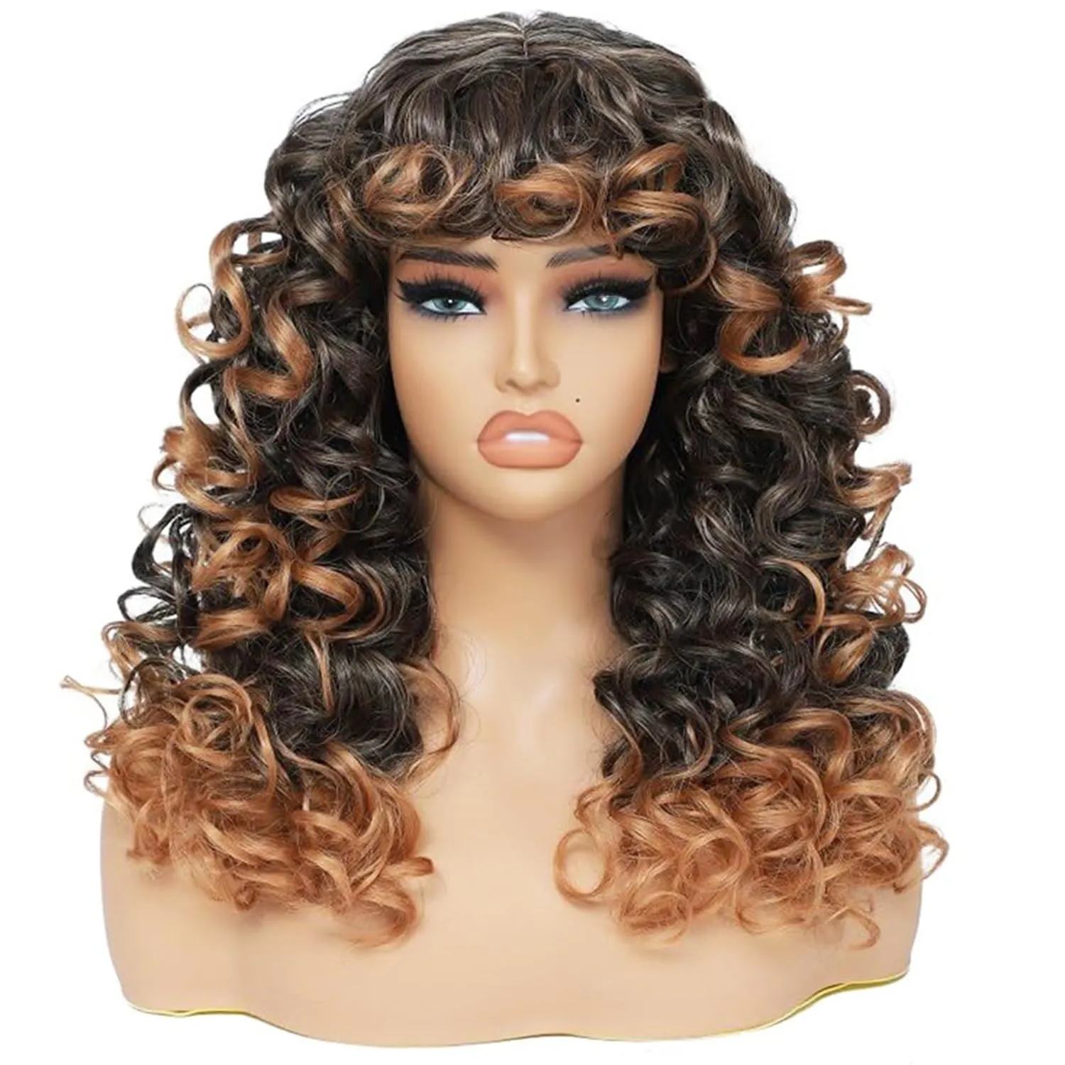 GKtineke-Curly-Wig Big-Curly-Wigs-for-White-Black-Women 20 Inch- Long-Curly-Afro-Wig-with-Bangs Synthetic-Hair-Replacement-Wigs-for- Cosplay and Daily(Ombre Brown