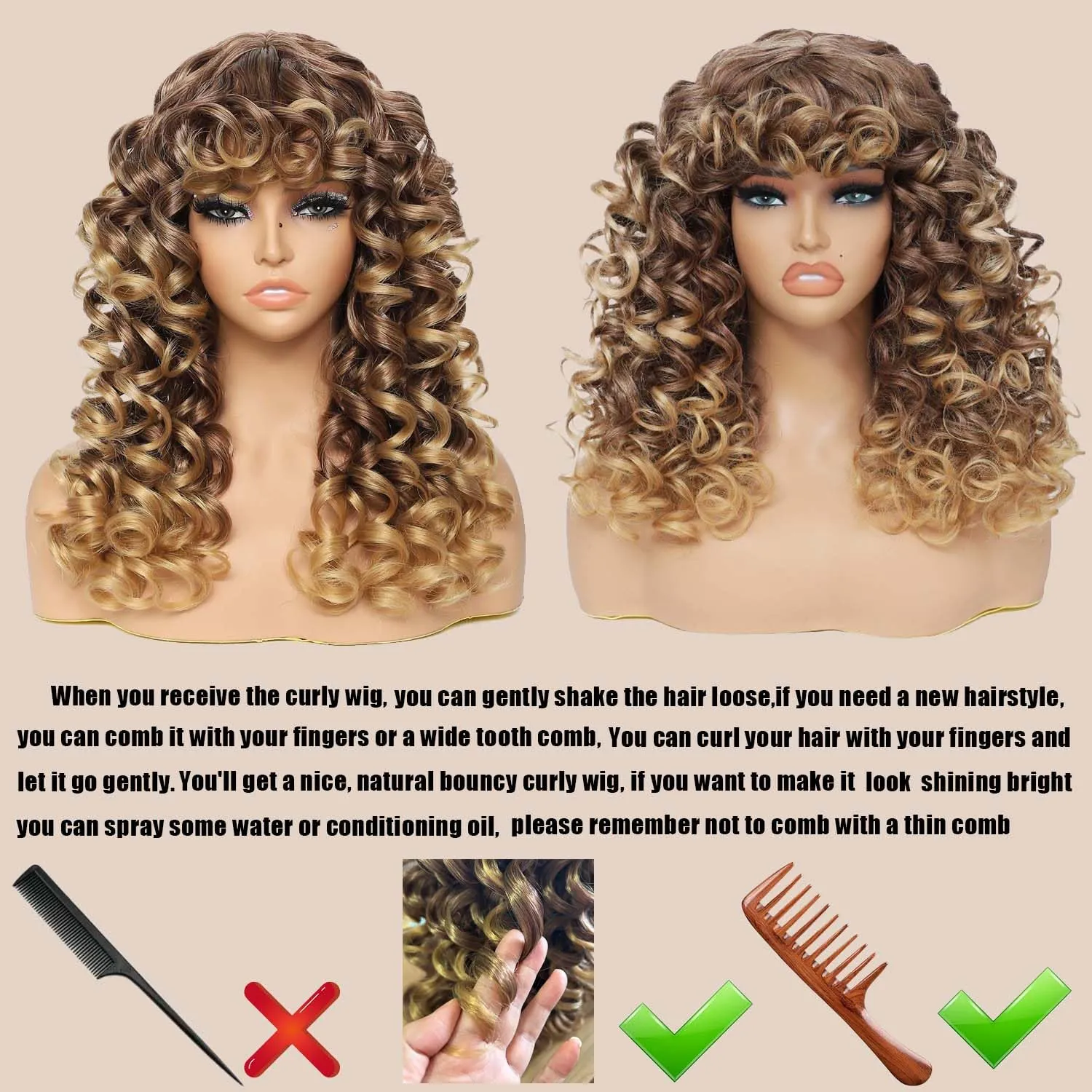 GKtineke-Curly-Wig Big-Curly-Wigs-for-White-Black-Women 20 Inch- Long-Curly-Afro-Wig-with-Bangs Synthetic-Hair-Replacement-Wigs-for- Cosplay and Daily(Ombre Brown