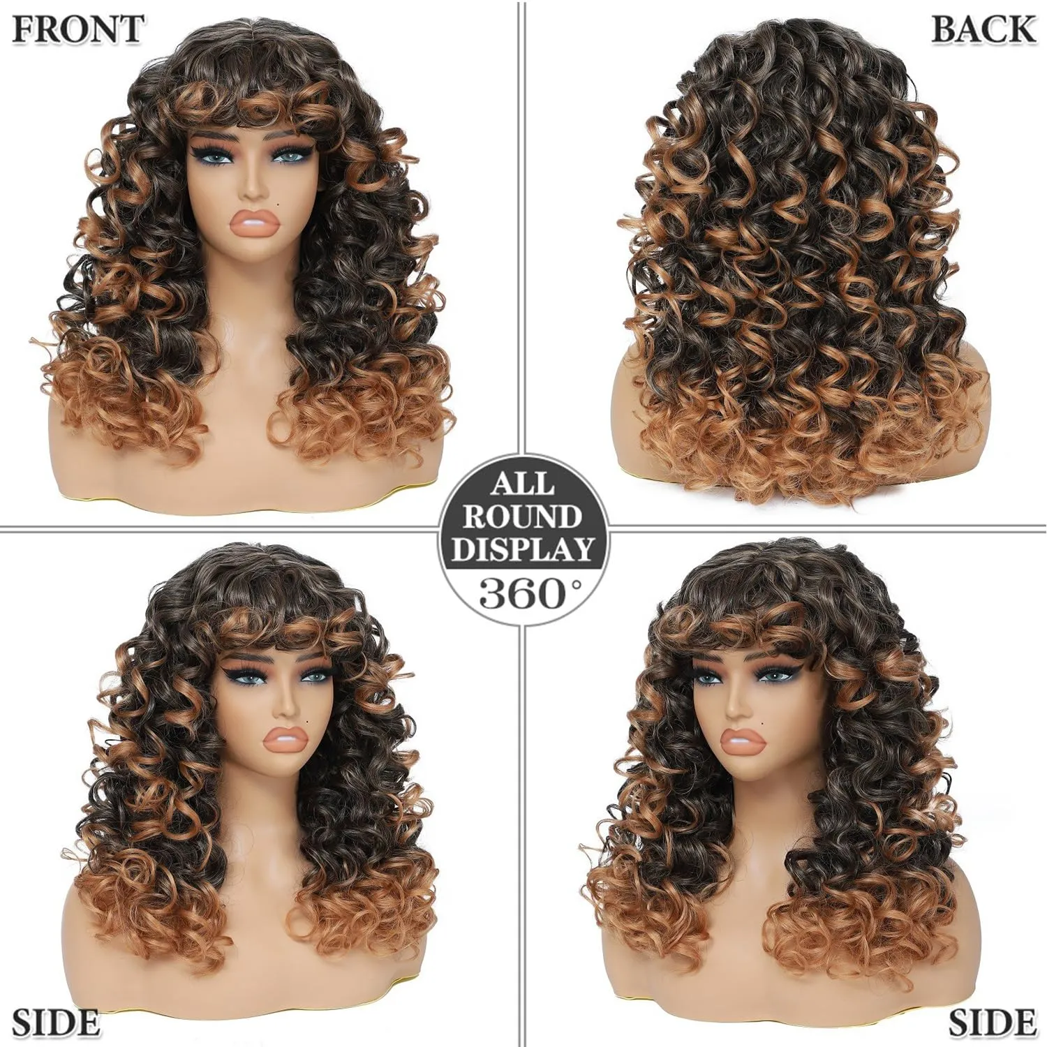 GKtineke-Curly-Wig Big-Curly-Wigs-for-White-Black-Women 20 Inch- Long-Curly-Afro-Wig-with-Bangs Synthetic-Hair-Replacement-Wigs-for- Cosplay and Daily(Ombre Brown