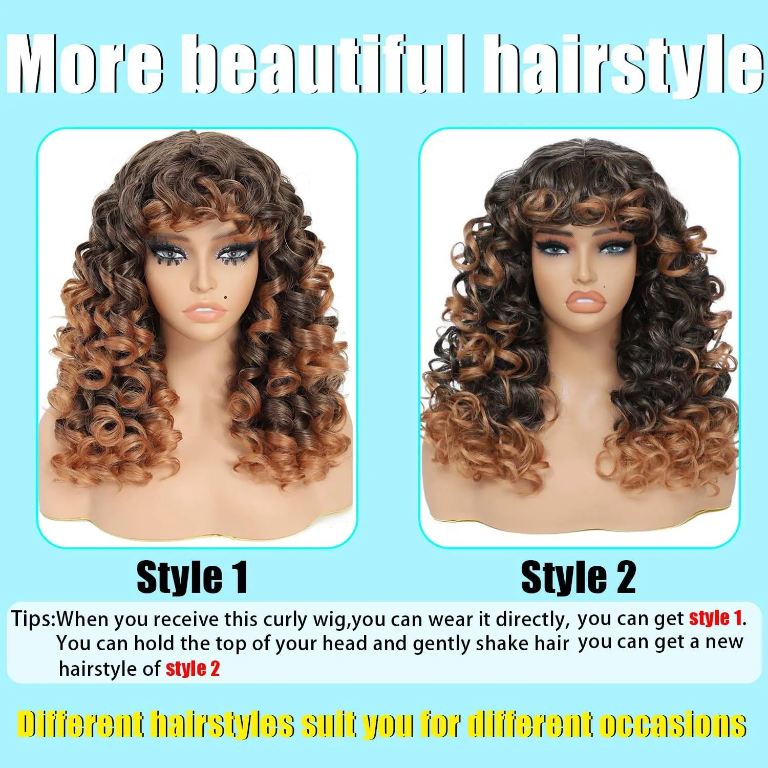 GKtineke-Curly-Wig Big-Curly-Wigs-for-White-Black-Women 20 Inch- Long-Curly-Afro-Wig-with-Bangs Synthetic-Hair-Replacement-Wigs-for- Cosplay and Daily(Ombre Brown