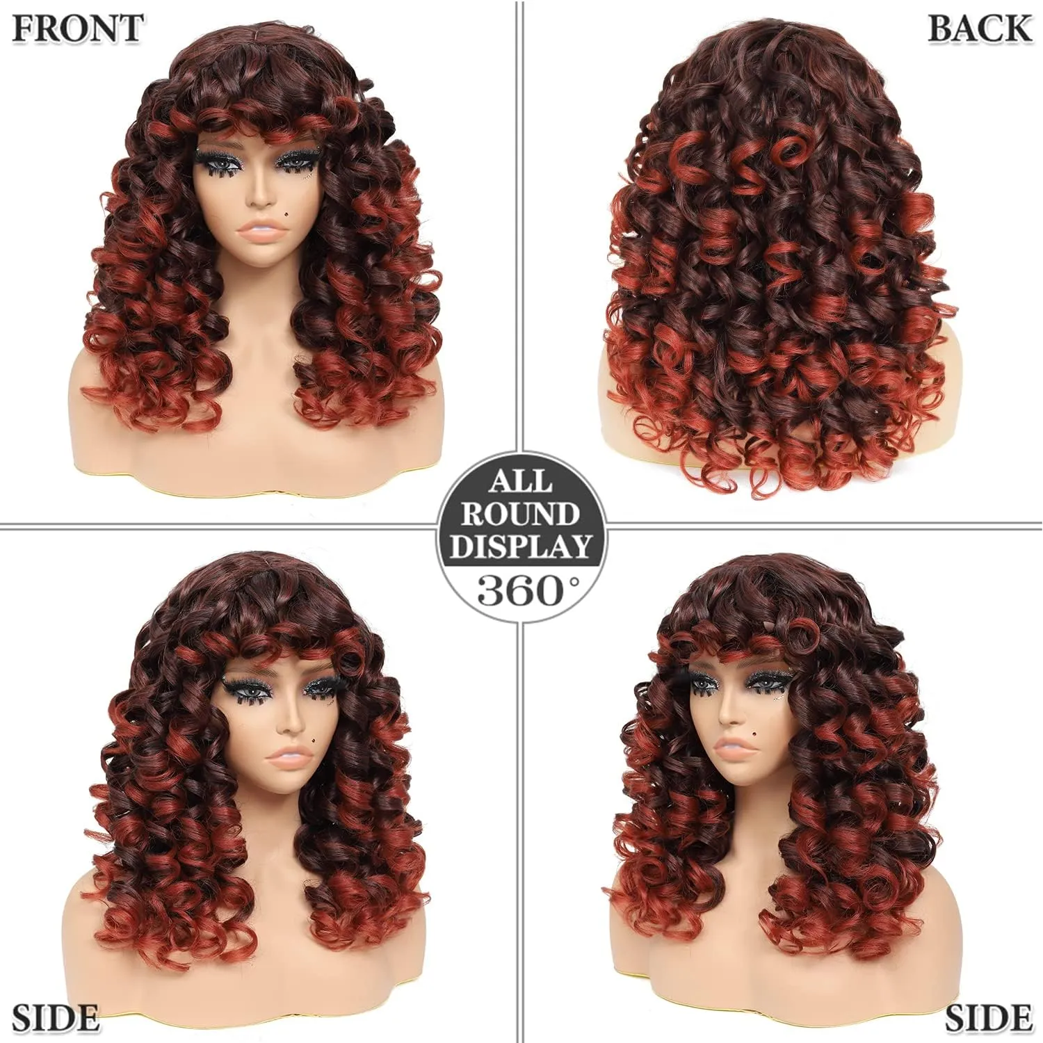 GKtineke-Curly-Wig Big-Curly-Wigs-for-White-Black-Women 20 Inch- Long-Curly-Afro-Wig-with-Bangs Synthetic-Hair-Replacement-Wigs-for- Cosplay and Daily(Ombre Ginger