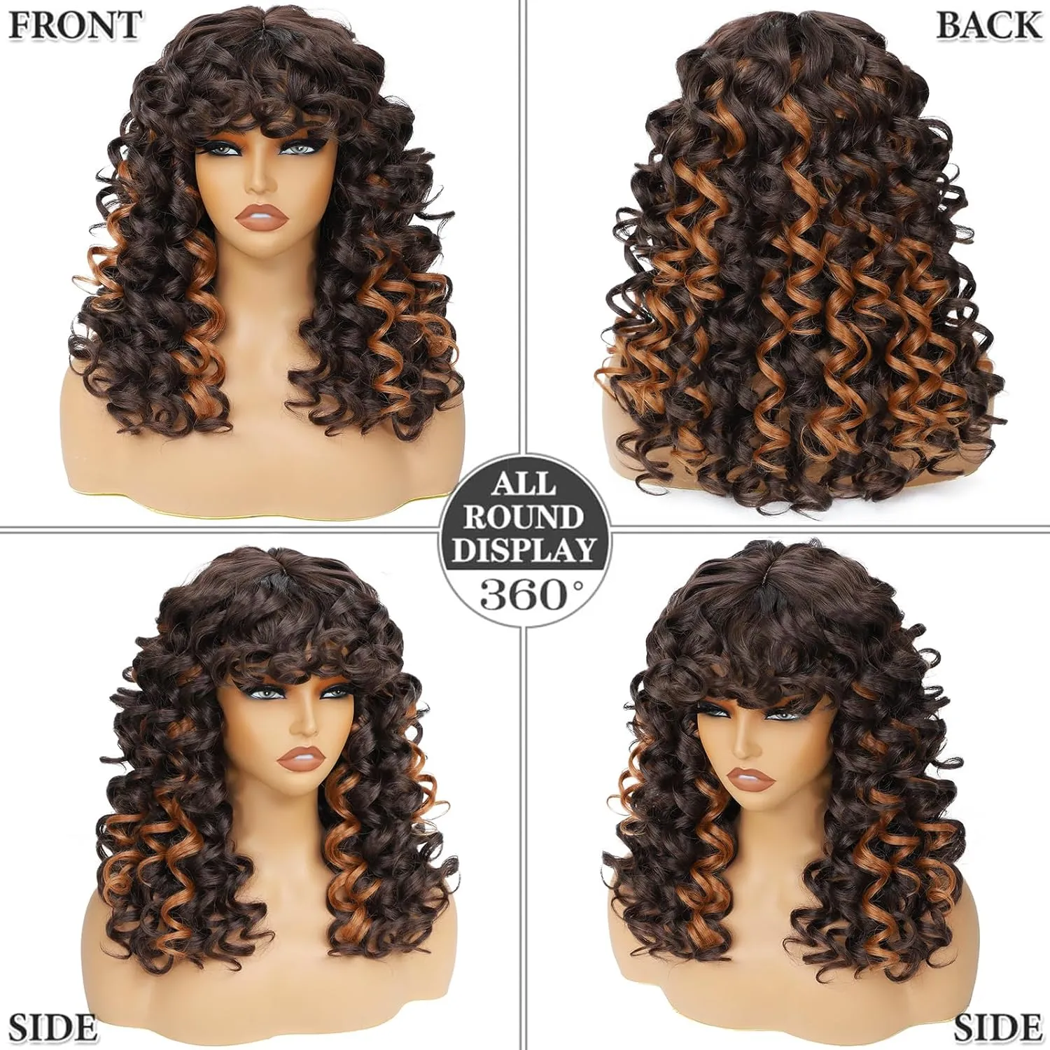 GKtineke-Curly-Wig-Highlights Big-Curly-Wigs-for-White-Black-Women 20 Inch- Long-Curly-Wig-with-Bangs Synthetic-Hair-Replacement-Wigs-for- Cosplay and Daily (Highlight)
