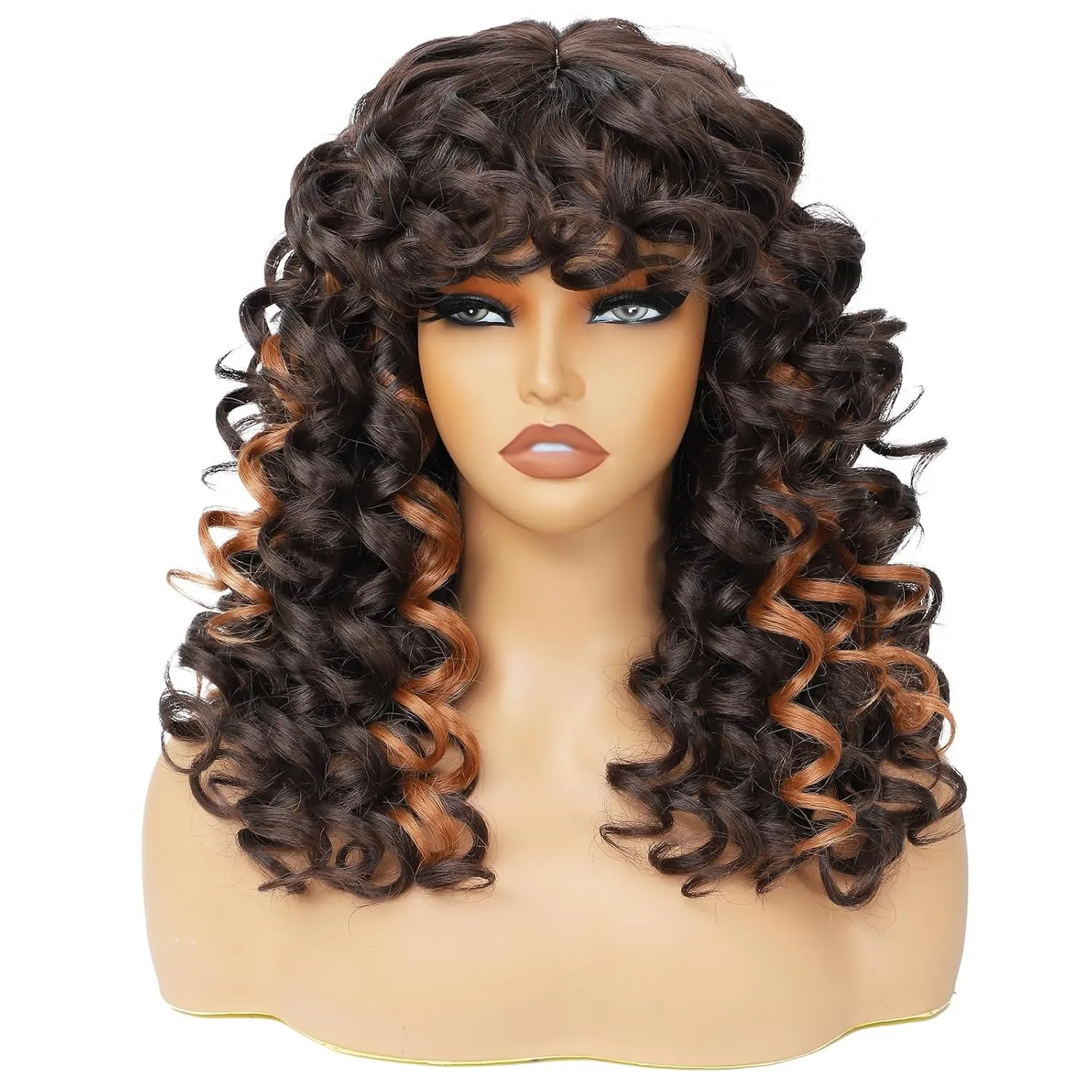 GKtineke-Curly-Wig-Highlights Big-Curly-Wigs-for-White-Black-Women 20 Inch- Long-Curly-Wig-with-Bangs Synthetic-Hair-Replacement-Wigs-for- Cosplay and Daily (Highlight)