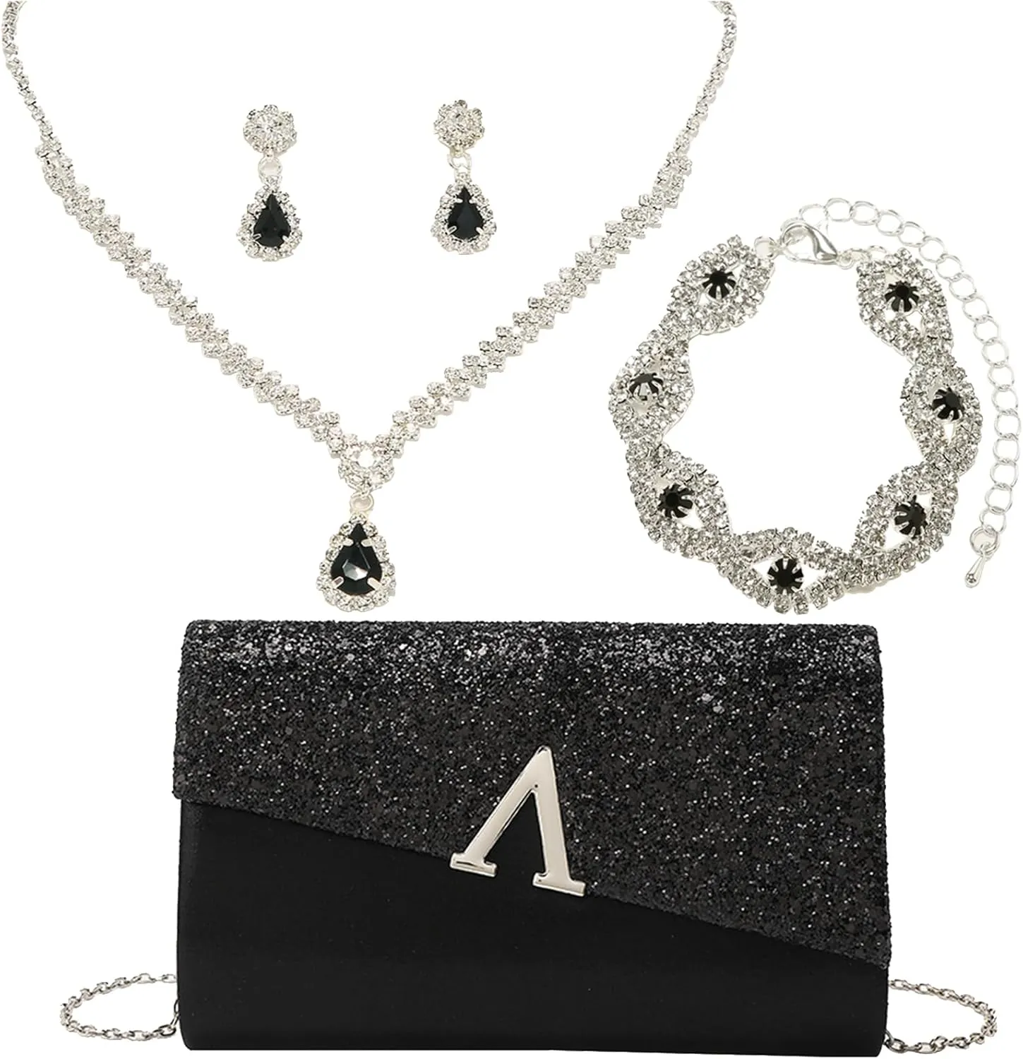 Glitter Evening Clutch Purse for Women Sparkly Shiny Handbag Ladies Wedding Prom Purse with Detachable Chain 4 Pieces Rhinestone Jewelry Set