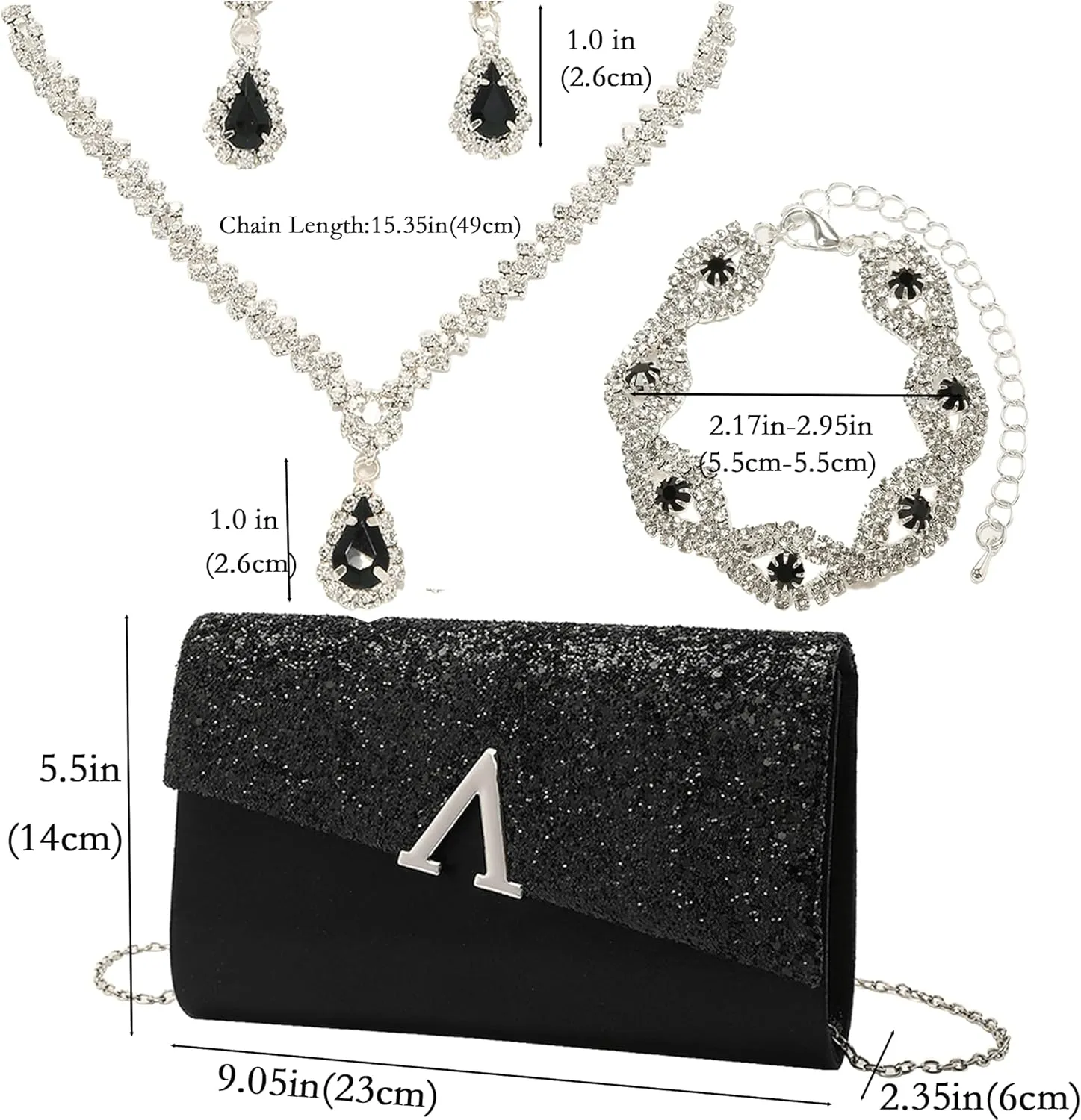 Glitter Evening Clutch Purse for Women Sparkly Shiny Handbag Ladies Wedding Prom Purse with Detachable Chain 4 Pieces Rhinestone Jewelry Set