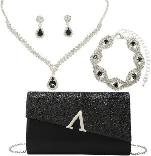 Glitter Evening Clutch Purse for Women Sparkly Shiny Handbag Ladies Wedding Prom Purse with Detachable Chain 4 Pieces Rhinestone Jewelry Set