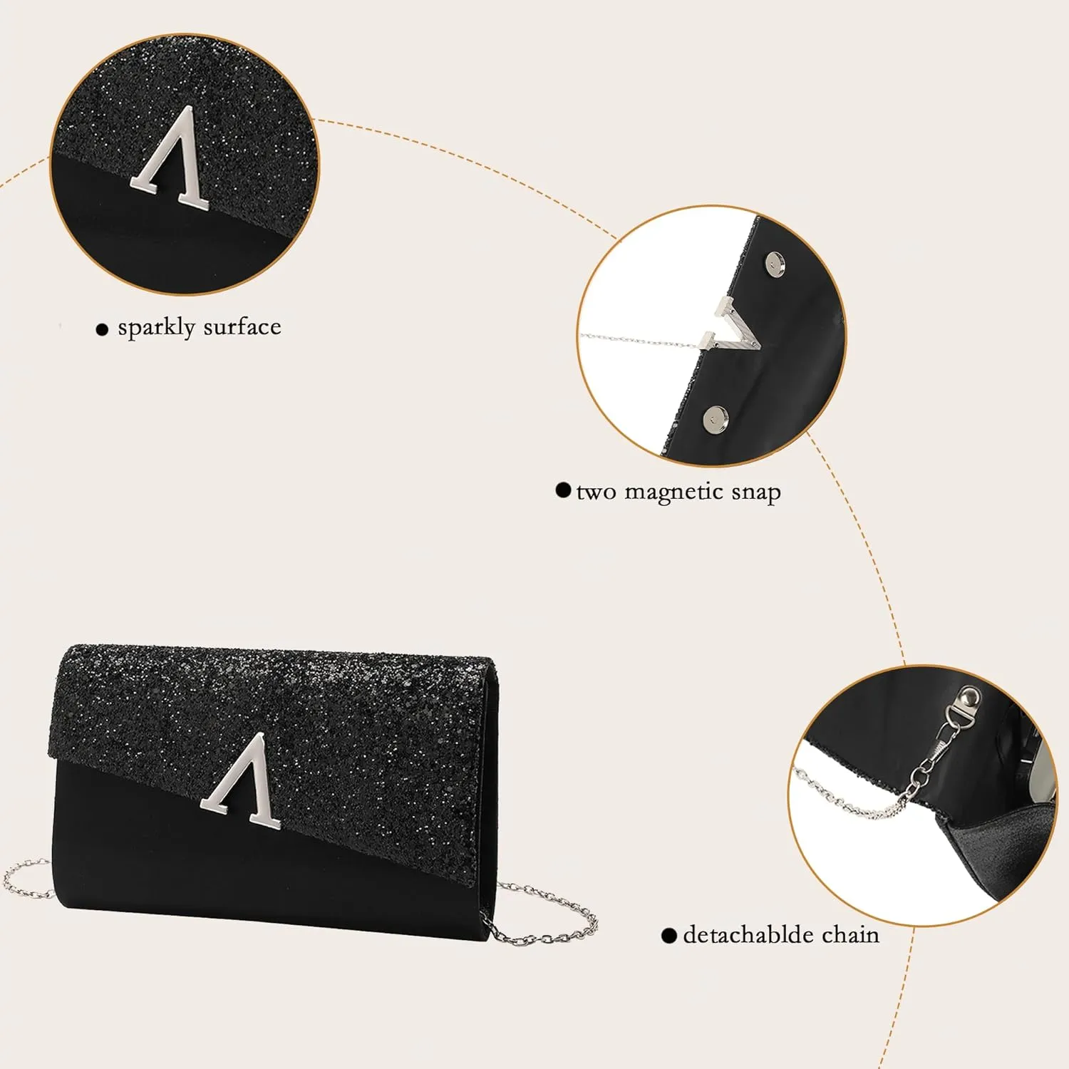Glitter Evening Clutch Purse for Women Sparkly Shiny Handbag Ladies Wedding Prom Purse with Detachable Chain 4 Pieces Rhinestone Jewelry Set