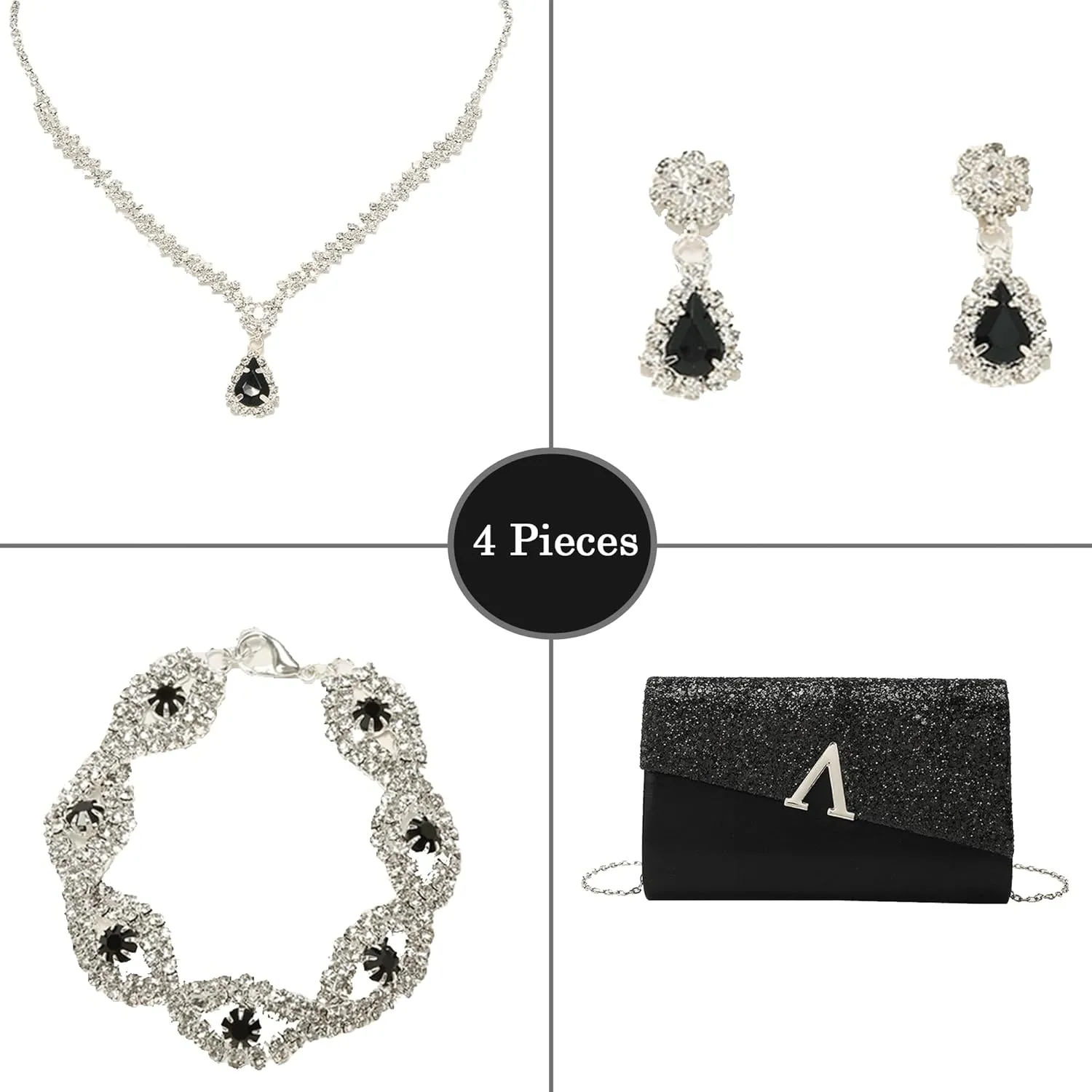 Glitter Evening Clutch Purse for Women Sparkly Shiny Handbag Ladies Wedding Prom Purse with Detachable Chain 4 Pieces Rhinestone Jewelry Set