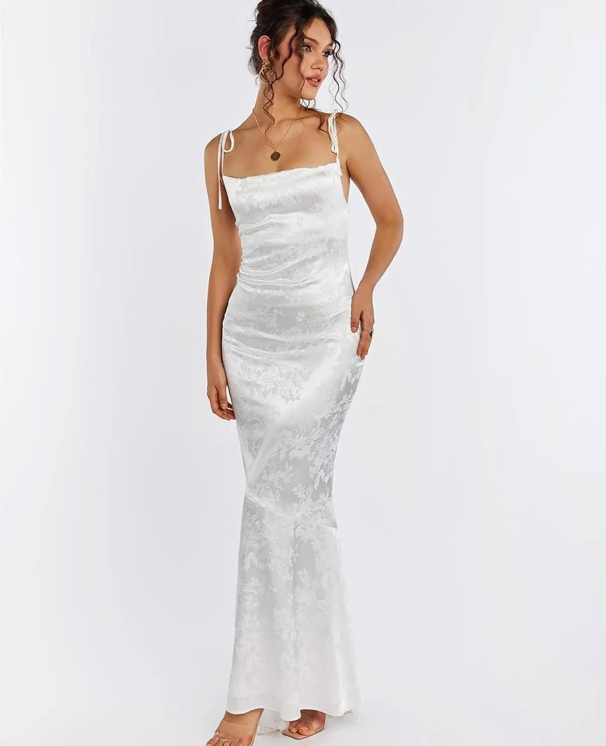 GLNEGE Women's Satin Bodycon Maxi Dress Elegant Formal Spaghetti Strap Cowl Neck Evening Party Dresses