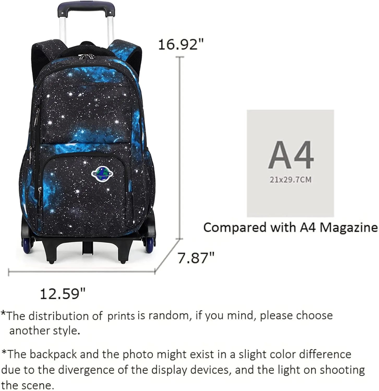 GLOOMALL Starry Sky Kids Trolley Rolling Backpack Primary School Bookbag with Wheels Travel Luggage (Black Blu Starry Sky)