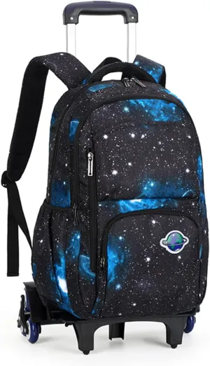 GLOOMALL Starry Sky Kids Trolley Rolling Backpack Primary School Bookbag with Wheels Travel Luggage (Black Blu Starry Sky)